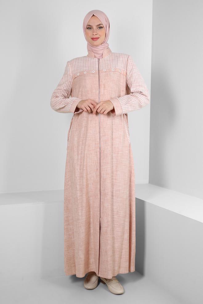 Hijab clothing POWDER MANDARİN COLLAR EYELET DETAIL TOPCOAT 10775 - ALVİNA