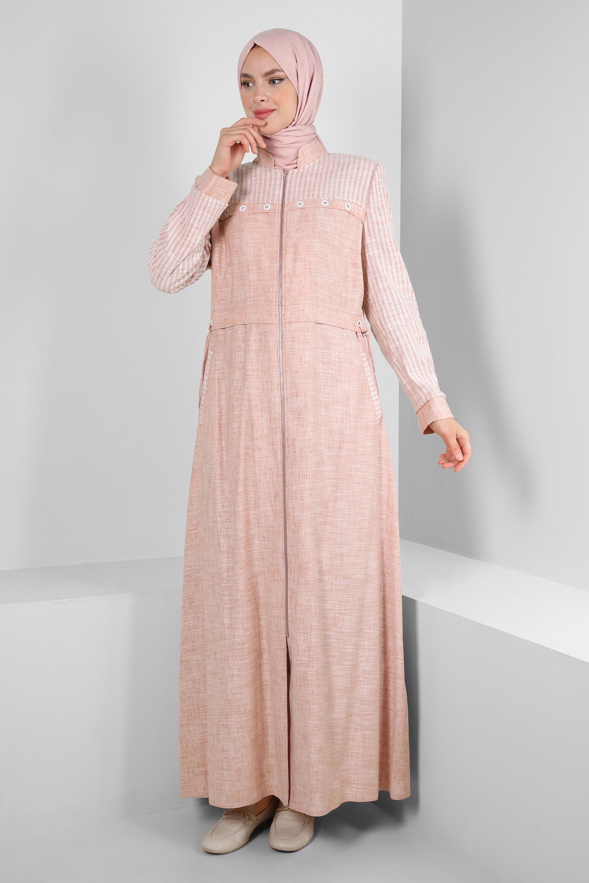 Hijab clothing POWDER MANDARİN COLLAR EYELET DETAIL TOPCOAT 10775