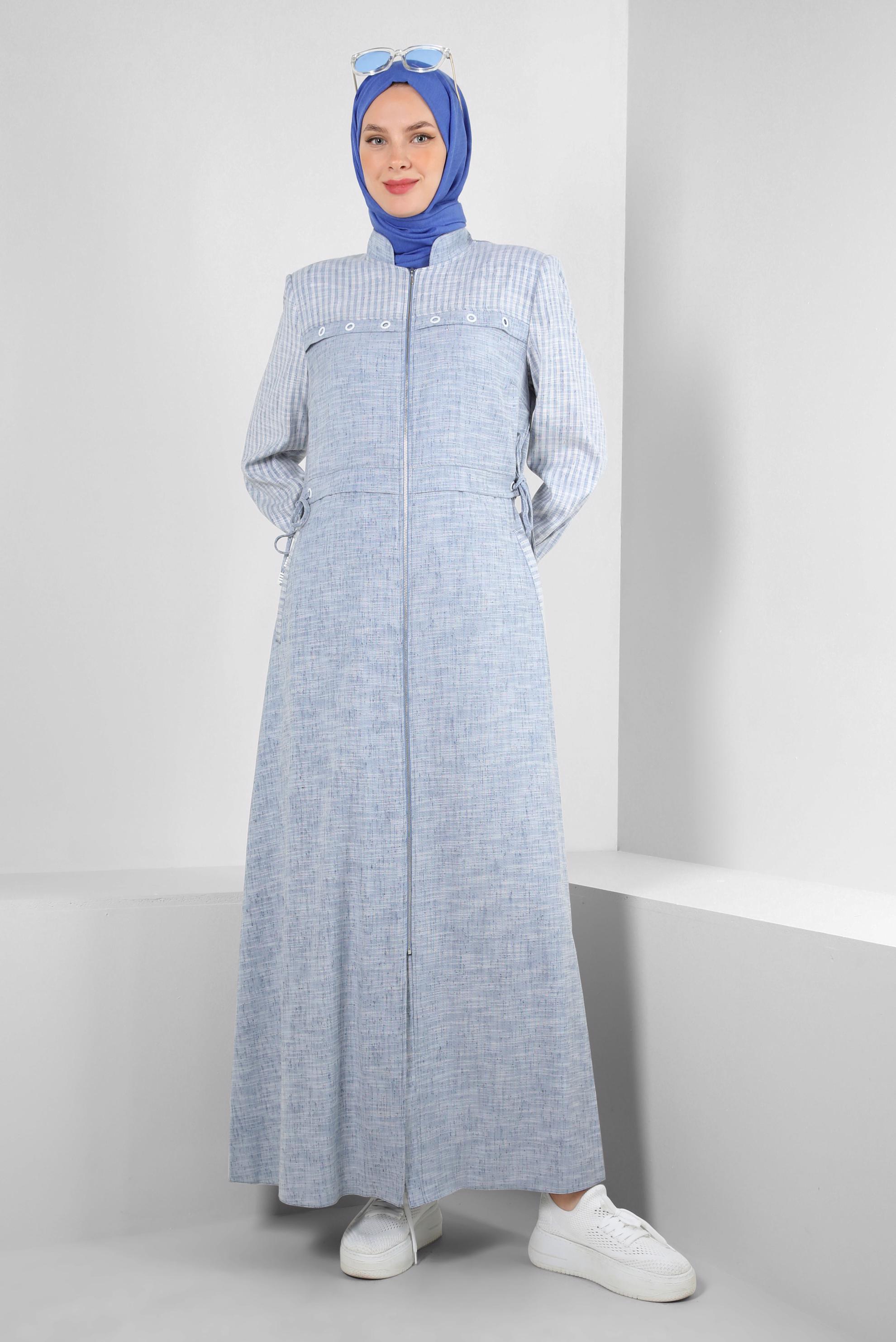 Tesettür giyim LACİVERT HAKİM YAKA KUŞGÖZÜ DETAYLI PARDESÜ 10775