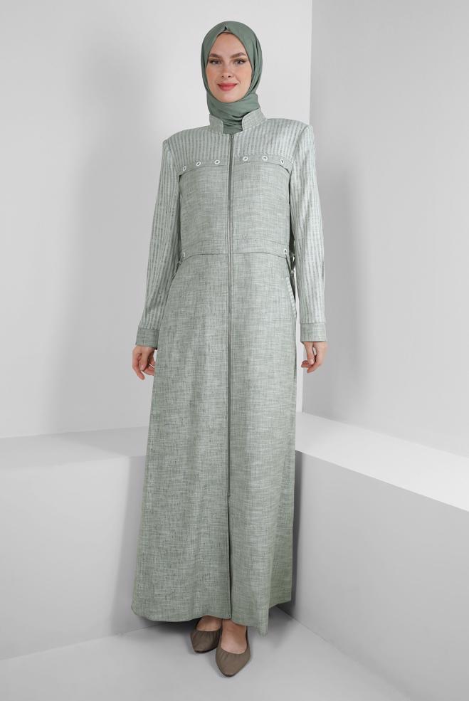Tesettür giyim YEŞİL HAKİM YAKA KUŞGÖZÜ DETAYLI PARDESÜ 10775 - ALVİNA