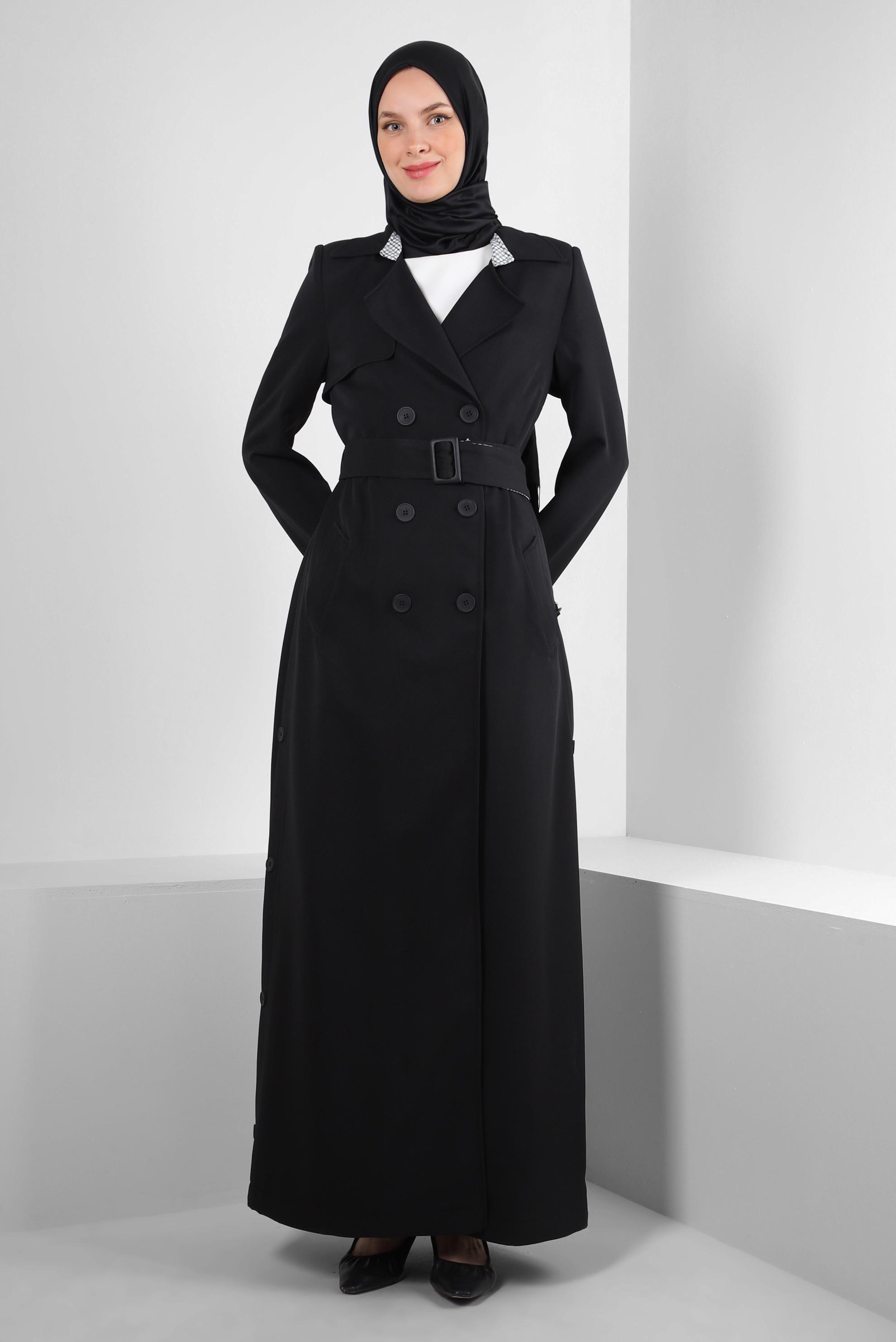 Hijab clothing BLACK DOUBLE BREASTED BELTED OVERCOAT WITH TABS 10776