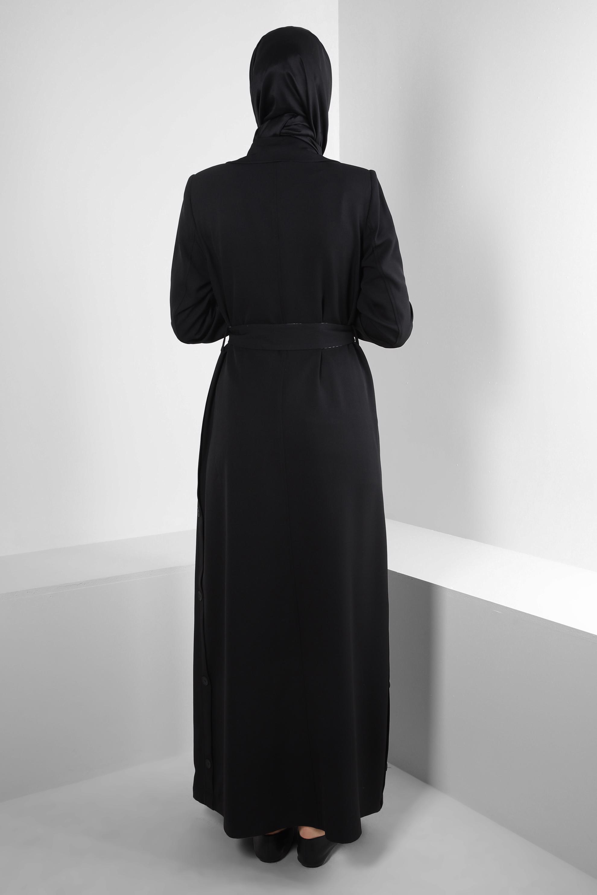 Hijab clothing BLACK DOUBLE BREASTED BELTED OVERCOAT WITH TABS 10776