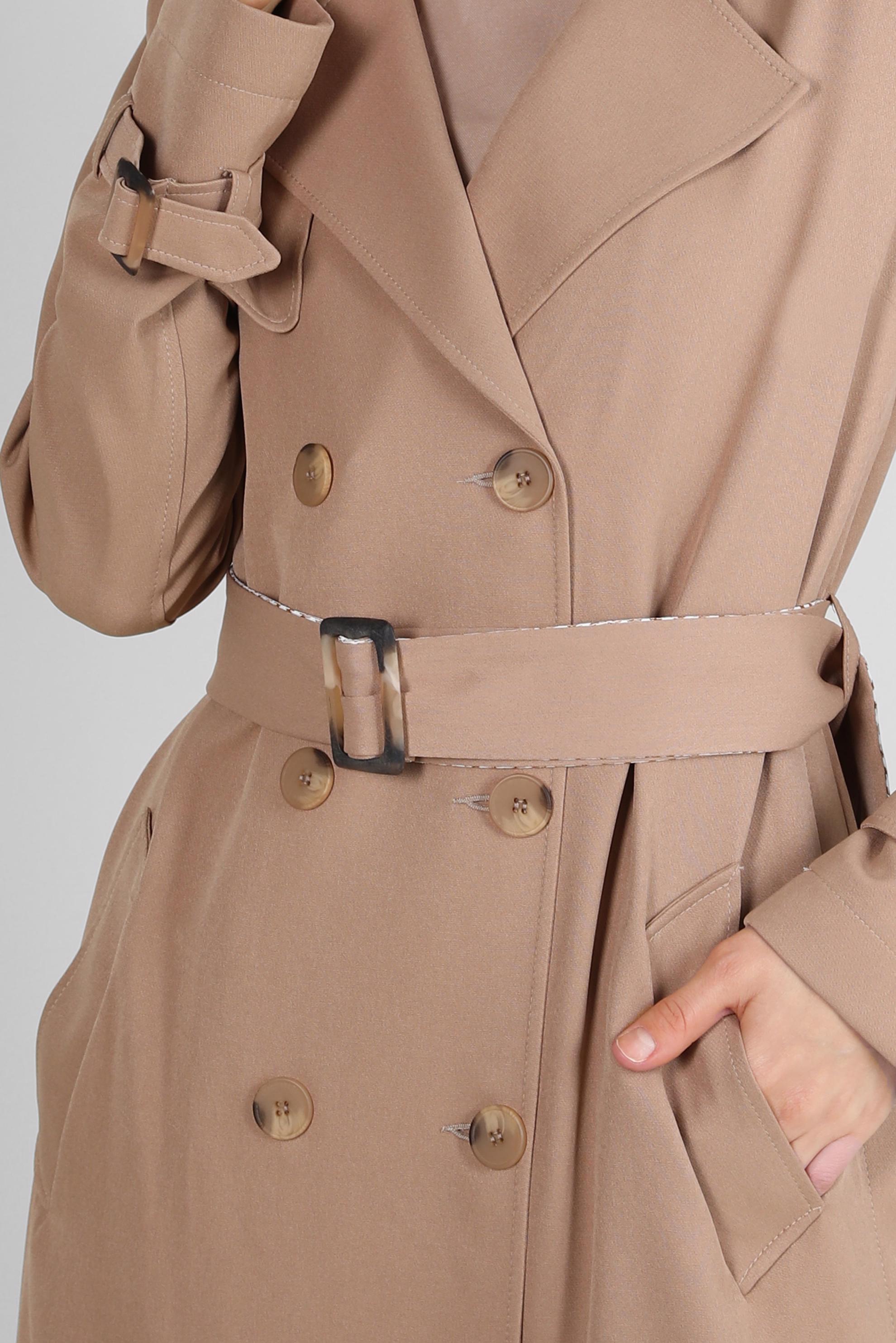 Tesettür giyim KAHVE KRUVAZE YAKA BANTLI KEMERLİ PARDESÜ 10776