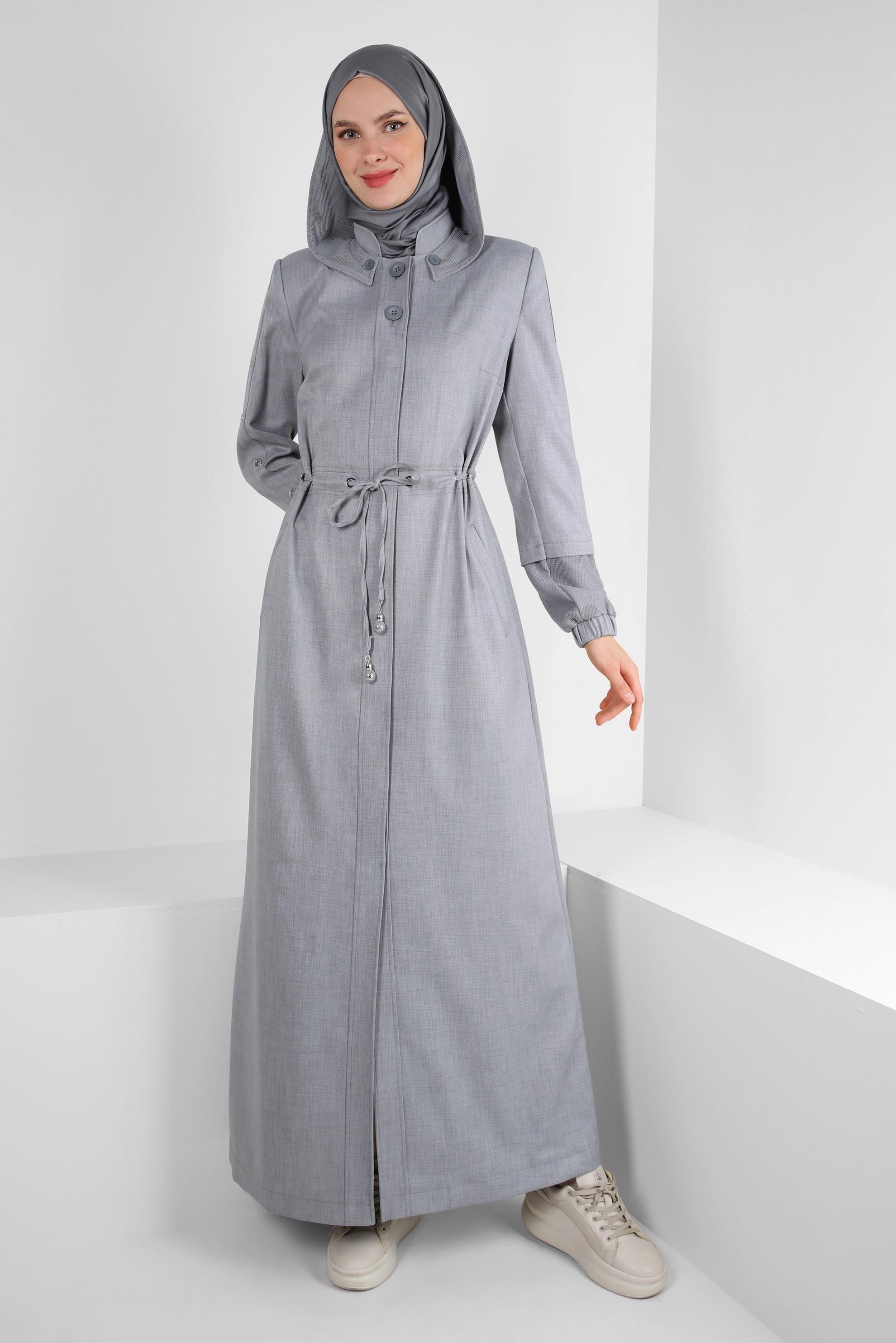 Tesettür giyim GRİ KAPÜŞONLU BELİ BÜZGÜLÜ PARDESÜ 10777