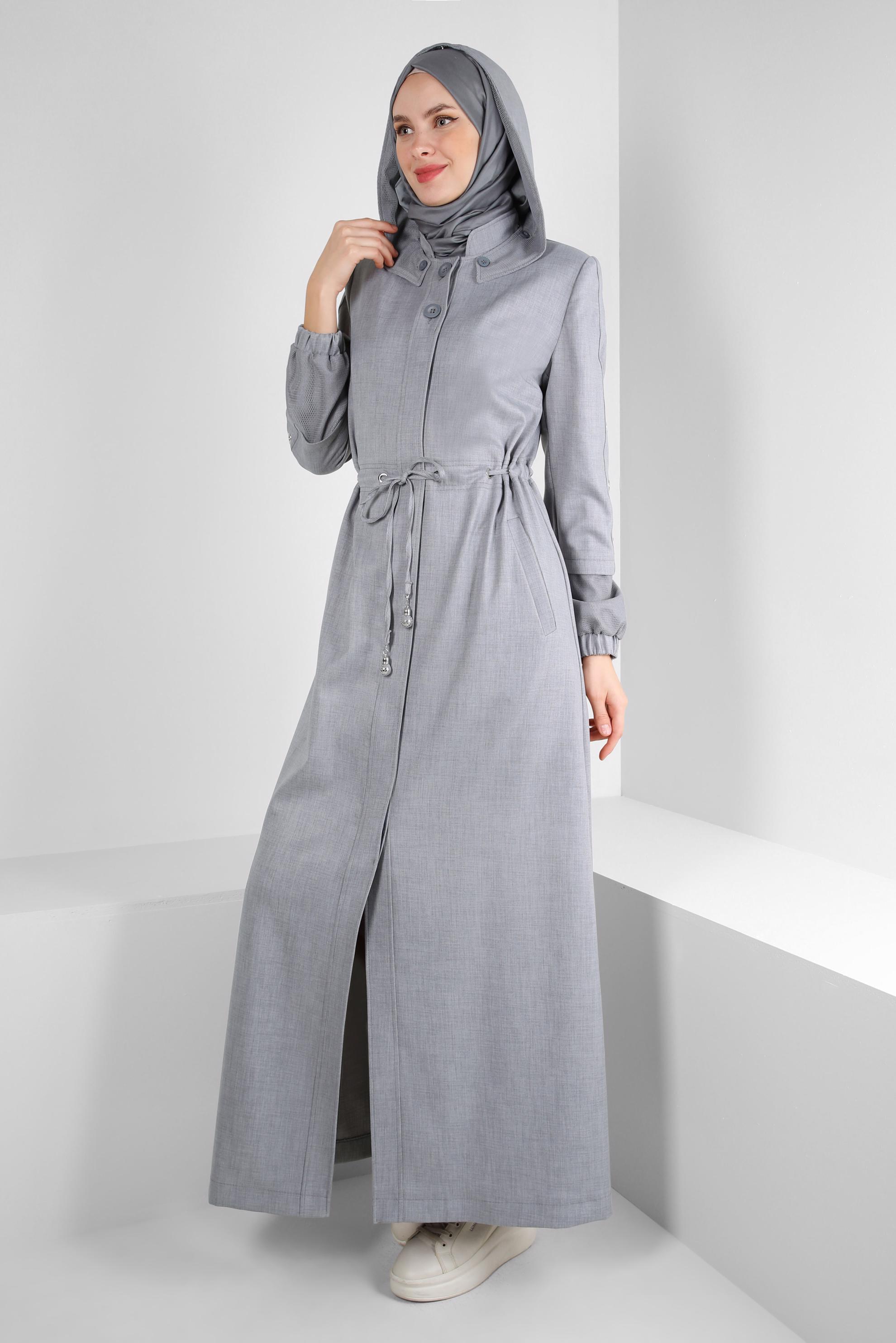 Tesettür giyim GRİ KAPÜŞONLU BELİ BÜZGÜLÜ PARDESÜ 10777