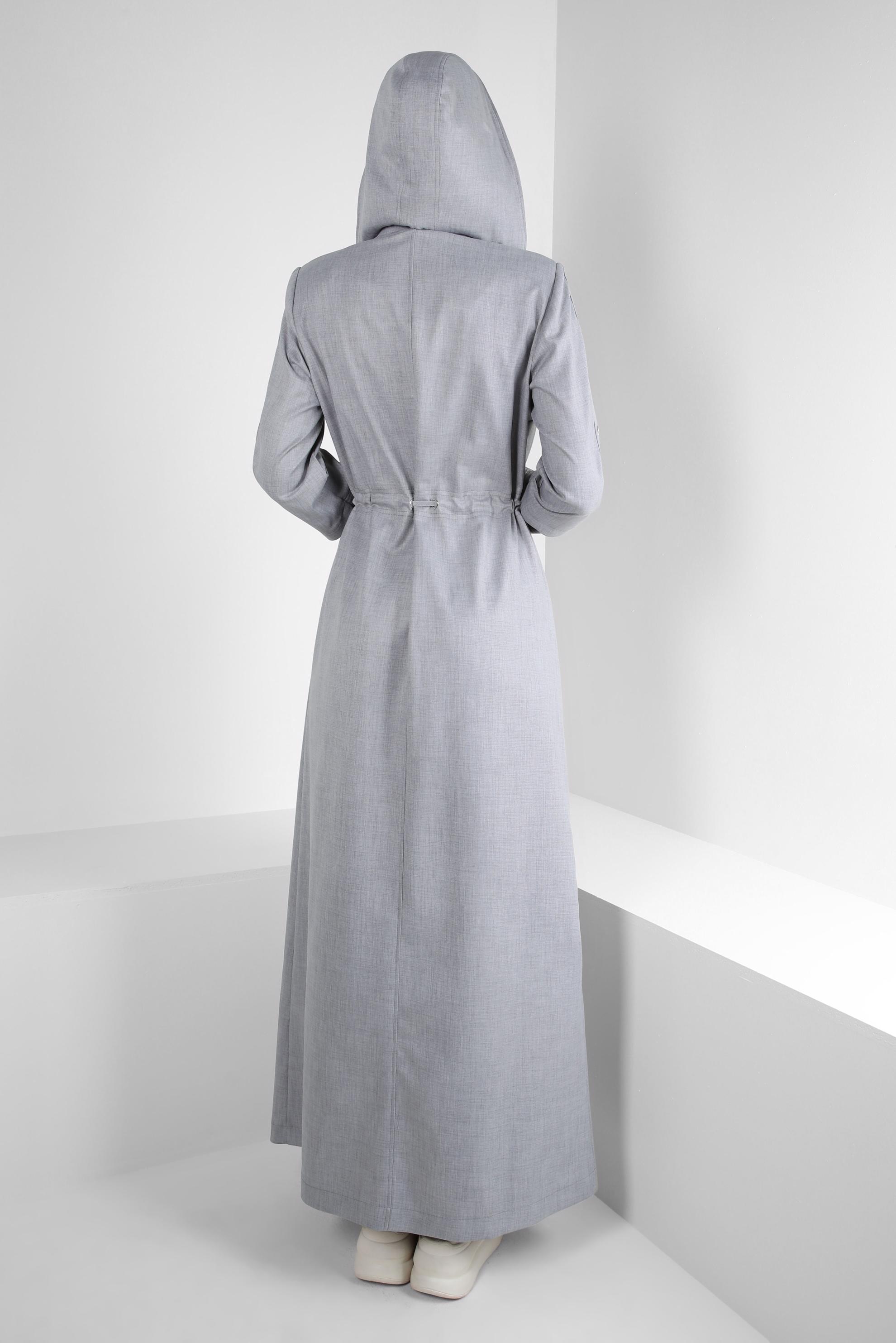 Tesettür giyim GRİ KAPÜŞONLU BELİ BÜZGÜLÜ PARDESÜ 10777