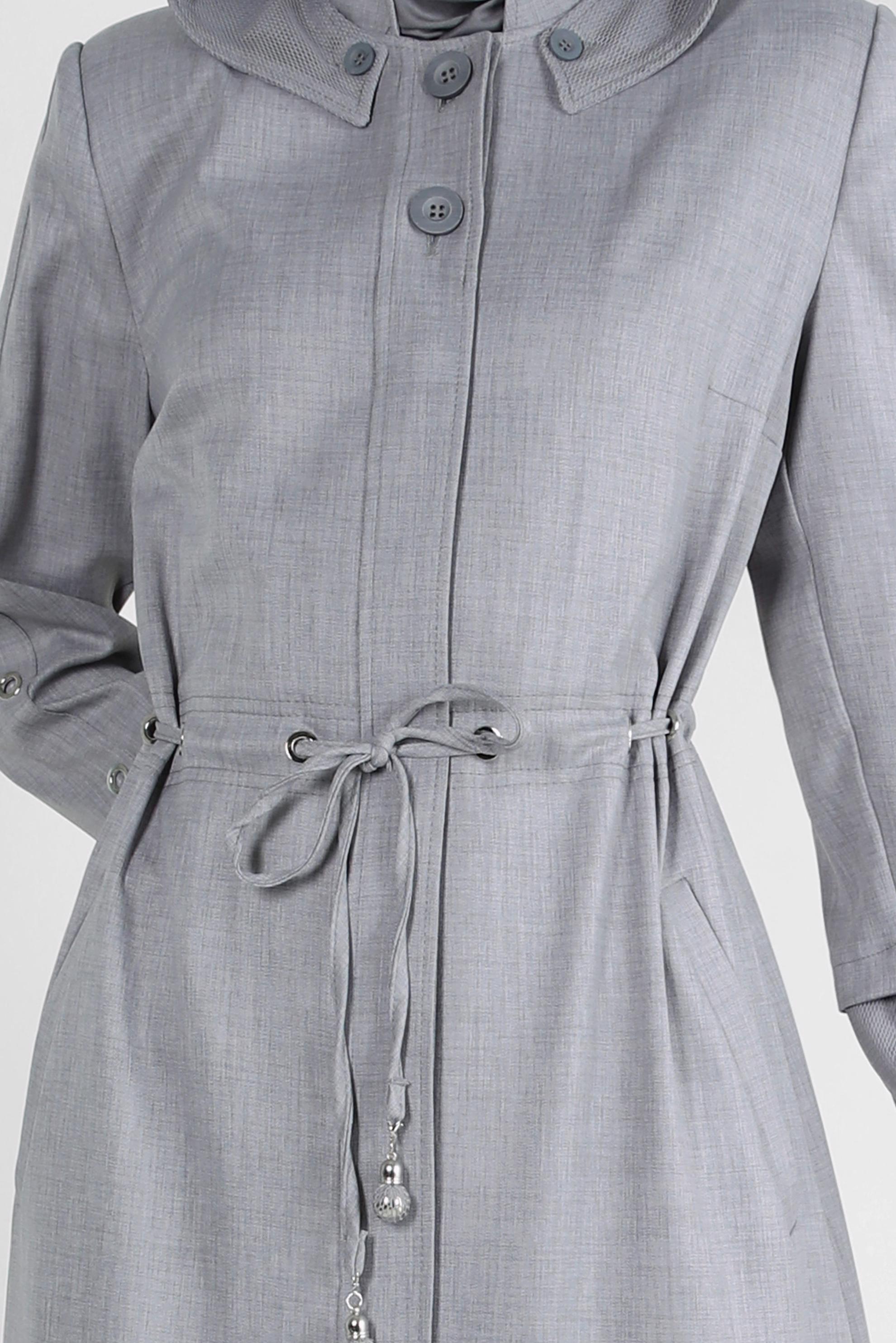 Tesettür giyim GRİ KAPÜŞONLU BELİ BÜZGÜLÜ PARDESÜ 10777