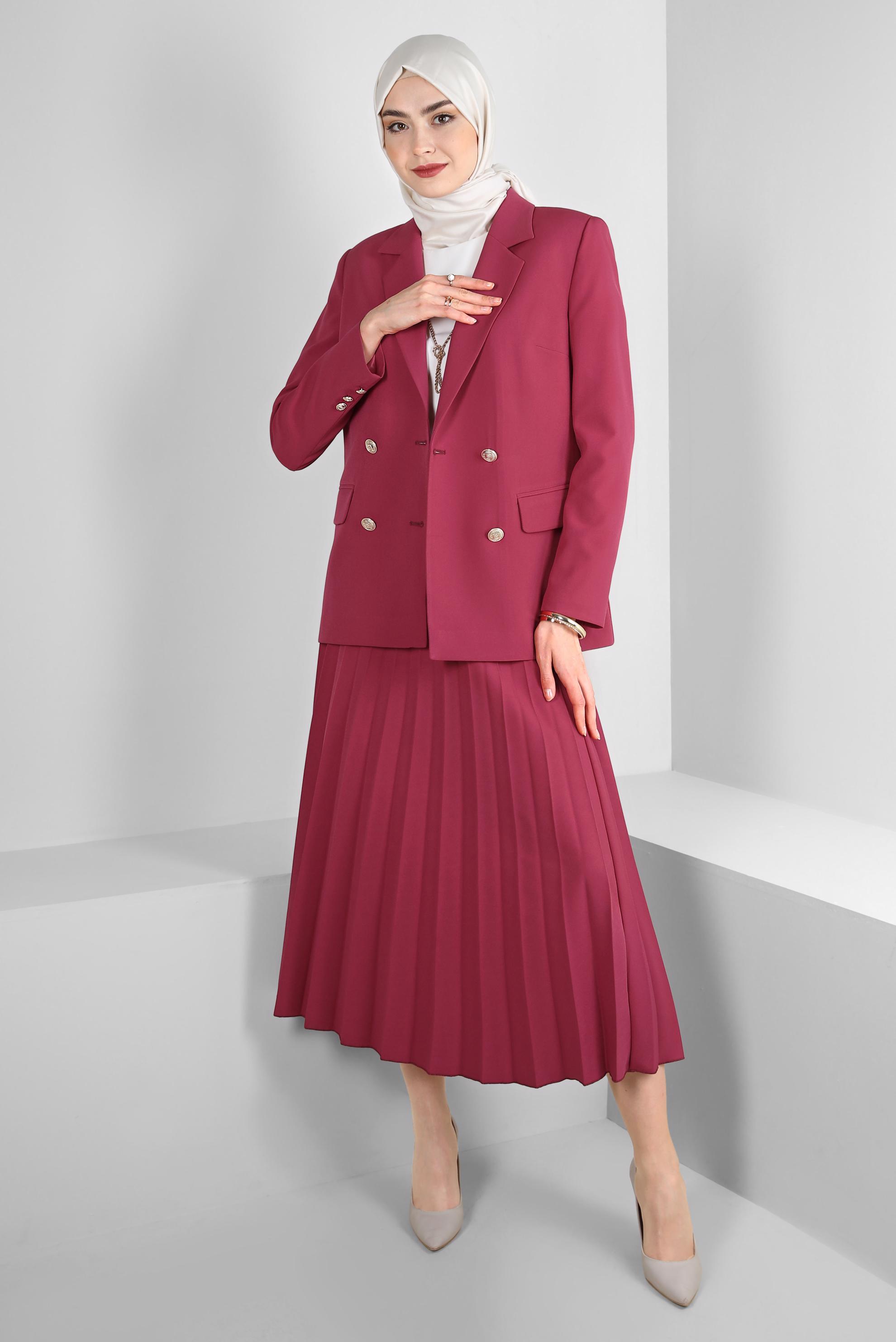 Tesettür giyim FUŞYA KRUVAZE YAKA PİLİSELİ İKİLİ ETEKLİ TAKIM 30337
