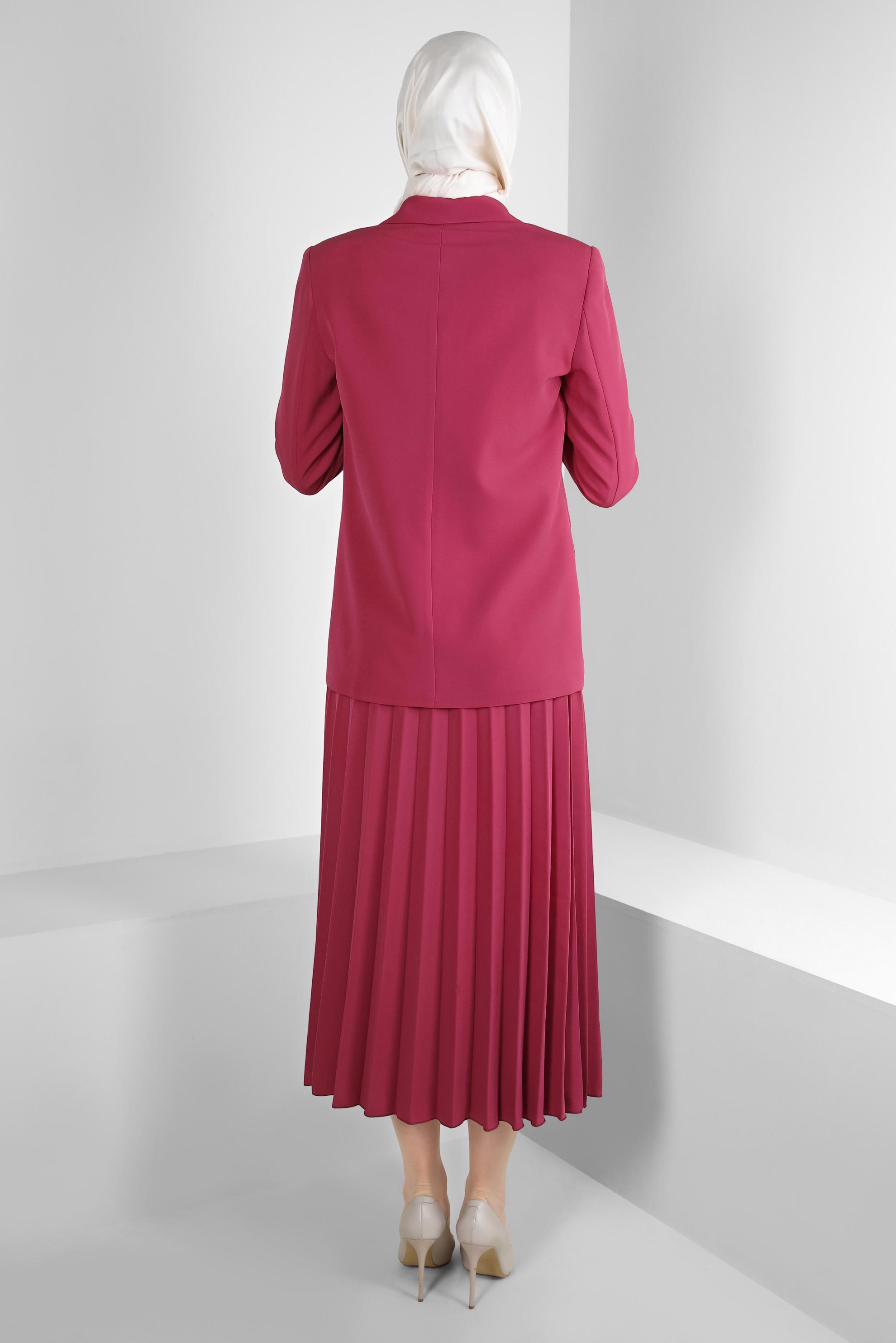 Tesettür giyim FUŞYA KRUVAZE YAKA PİLİSELİ İKİLİ ETEKLİ TAKIM 30337