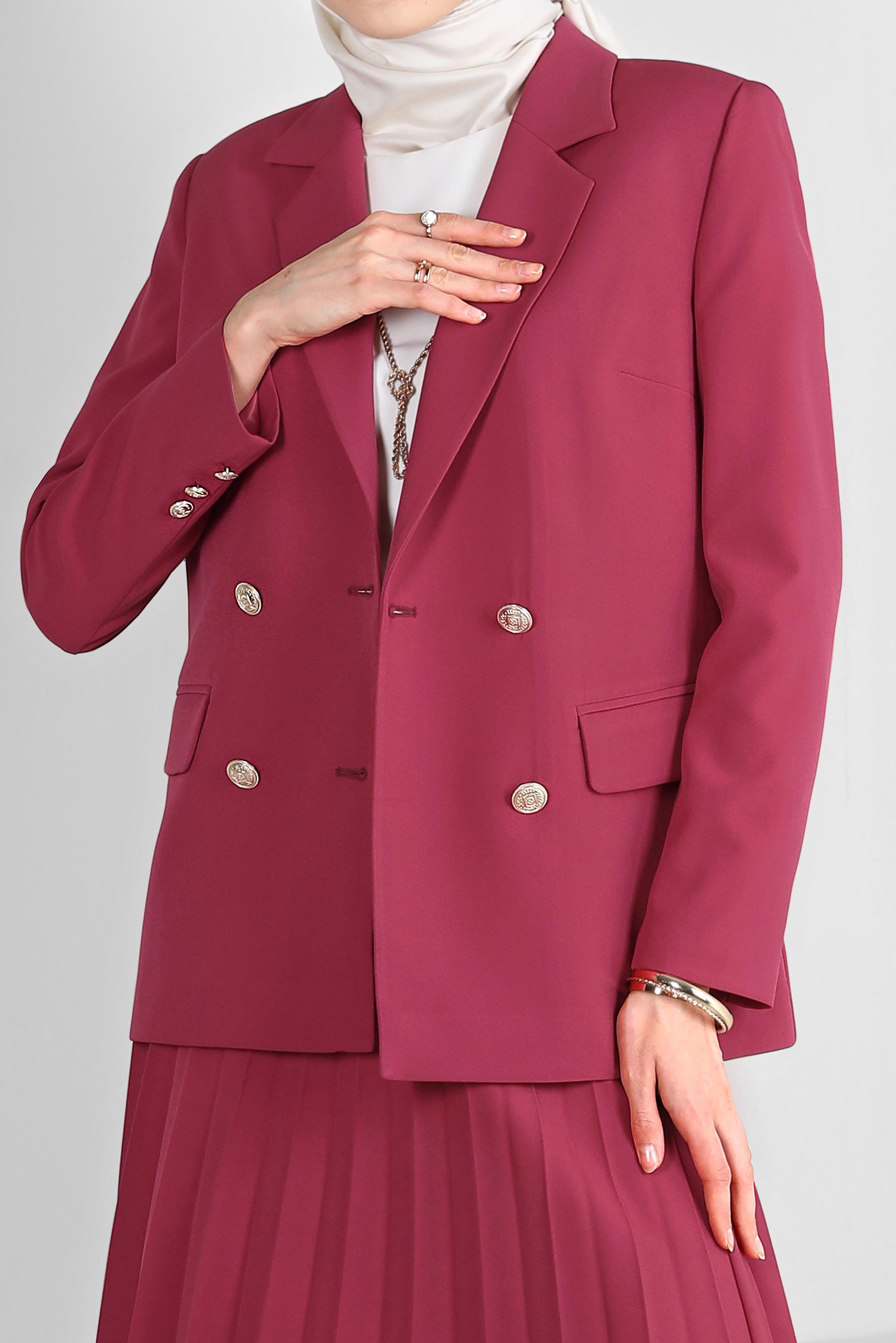 Tesettür giyim FUŞYA KRUVAZE YAKA PİLİSELİ İKİLİ ETEKLİ TAKIM 30337