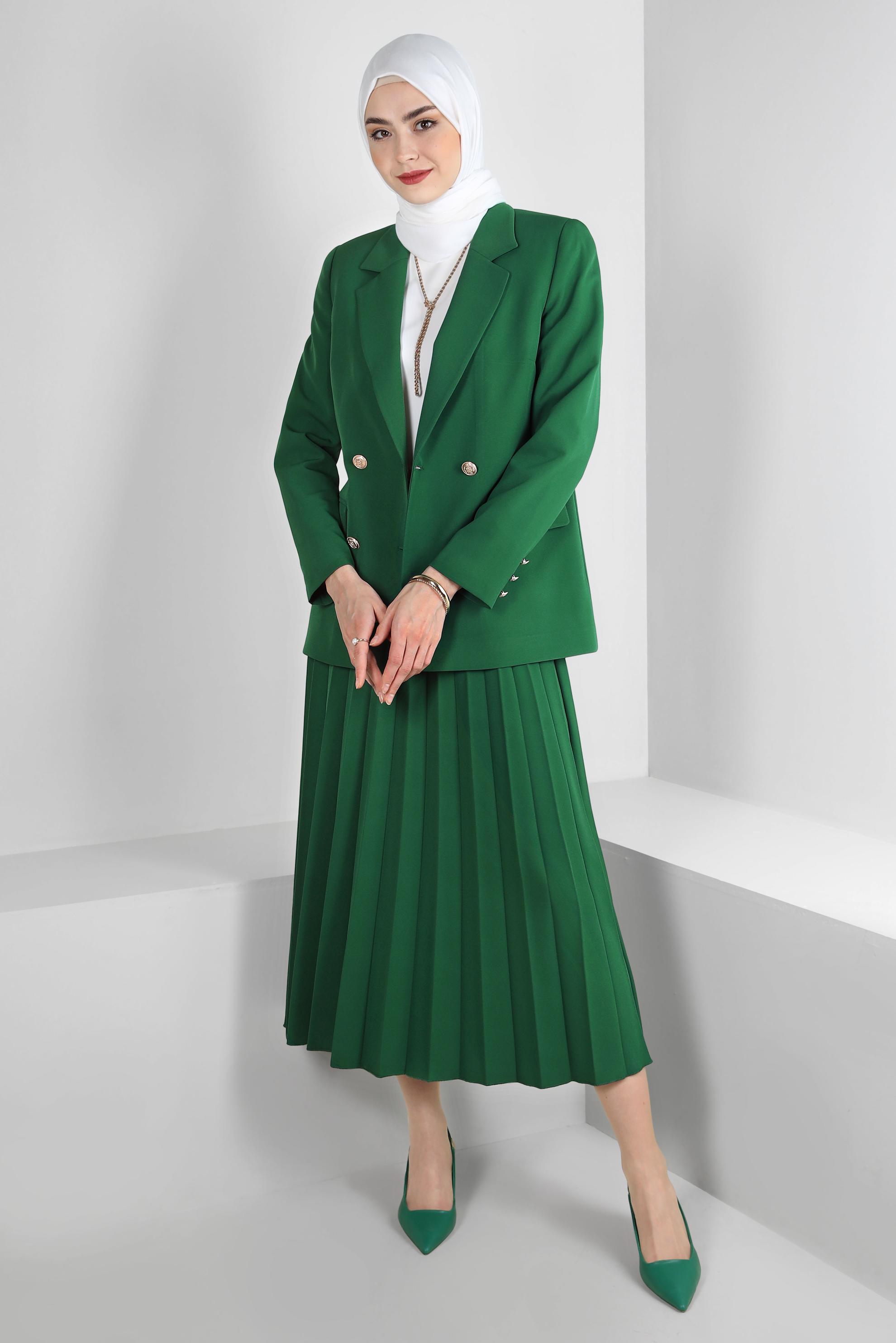 Tesettür giyim YEŞİL KRUVAZE YAKA PİLİSELİ İKİLİ ETEKLİ TAKIM 30337
