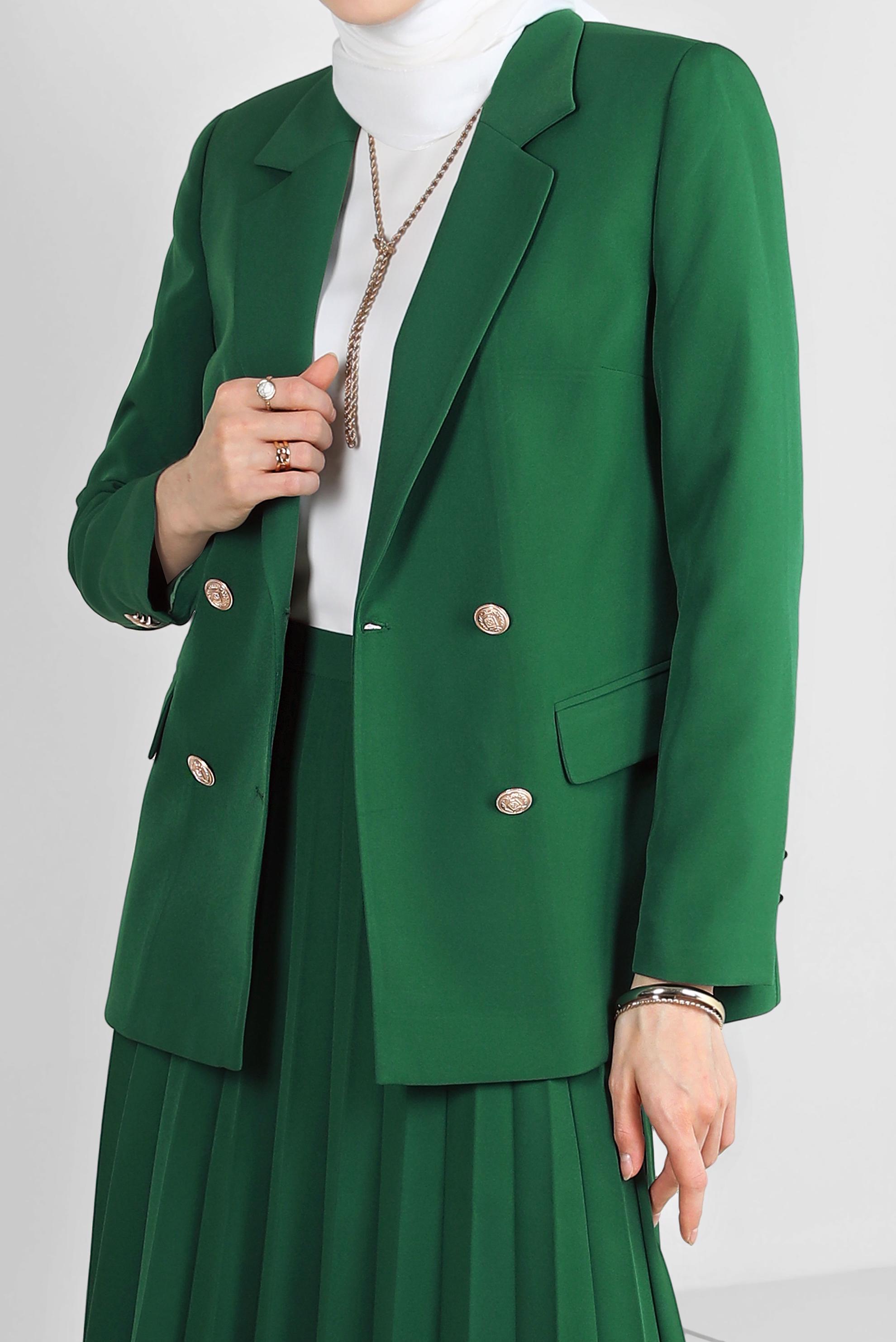 Tesettür giyim YEŞİL KRUVAZE YAKA PİLİSELİ İKİLİ ETEKLİ TAKIM 30337