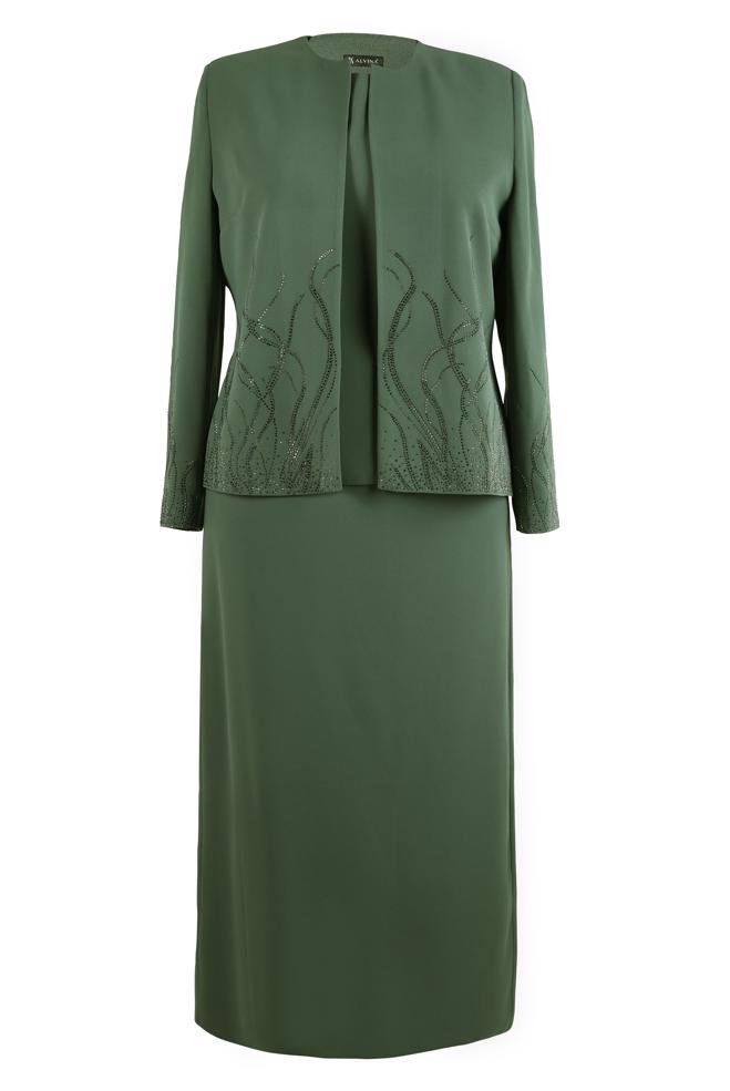 Tesettür giyim HAKİ ETEKLİ ÜÇLÜ KREP TAKIM 30348 - ALVİNA