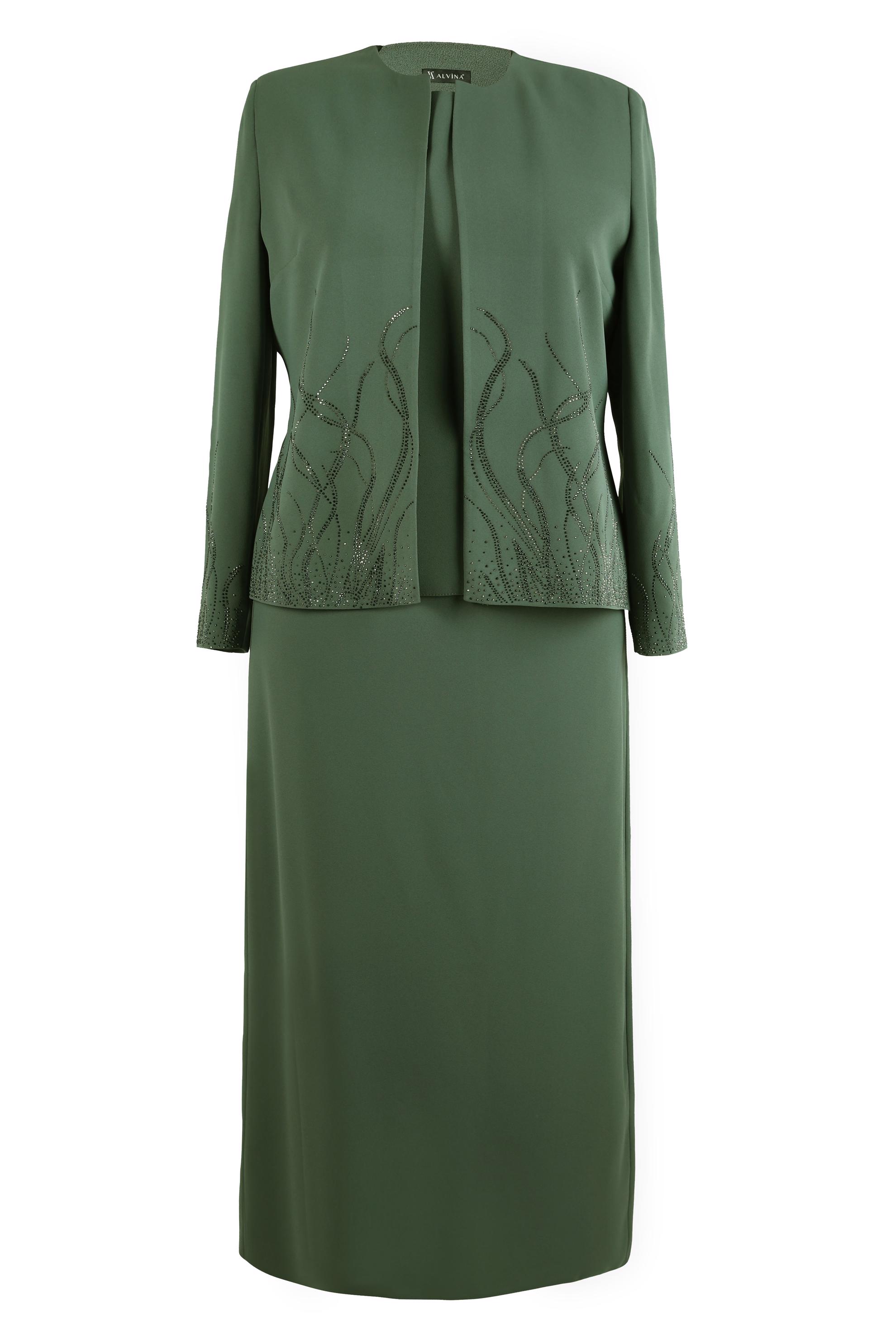 Tesettür giyim HAKİ ETEKLİ ÜÇLÜ KREP TAKIM 30348