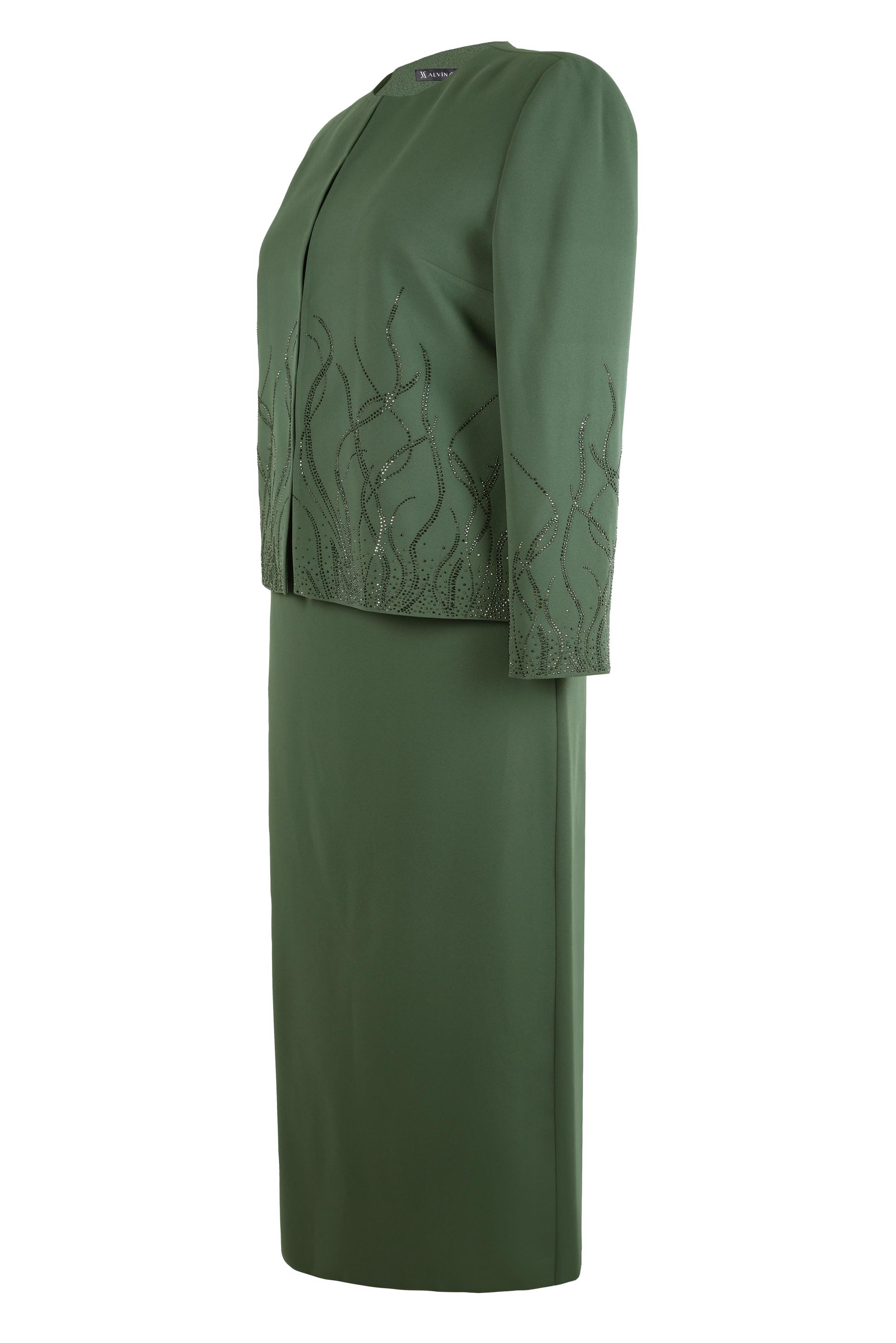 Tesettür giyim HAKİ ETEKLİ ÜÇLÜ KREP TAKIM 30348