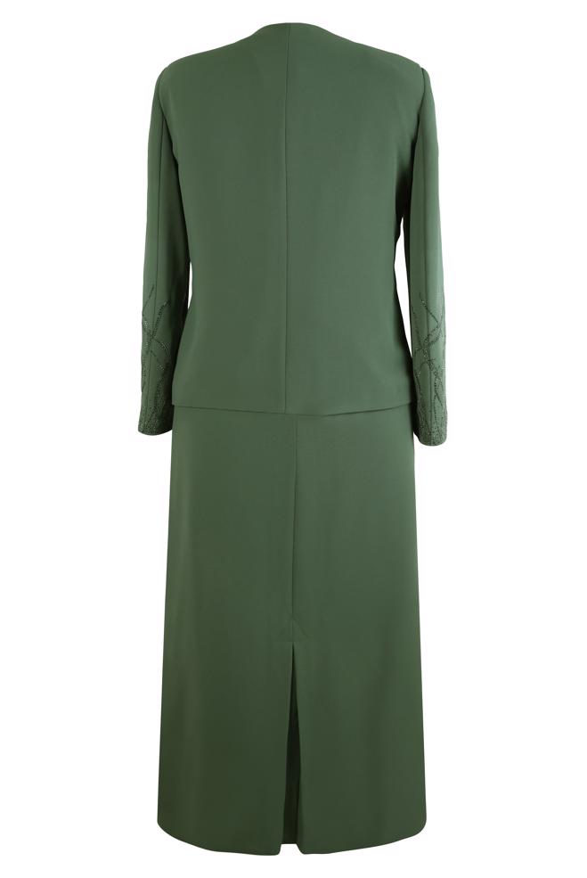 Tesettür giyim HAKİ ETEKLİ ÜÇLÜ KREP TAKIM 30348 - ALVİNA