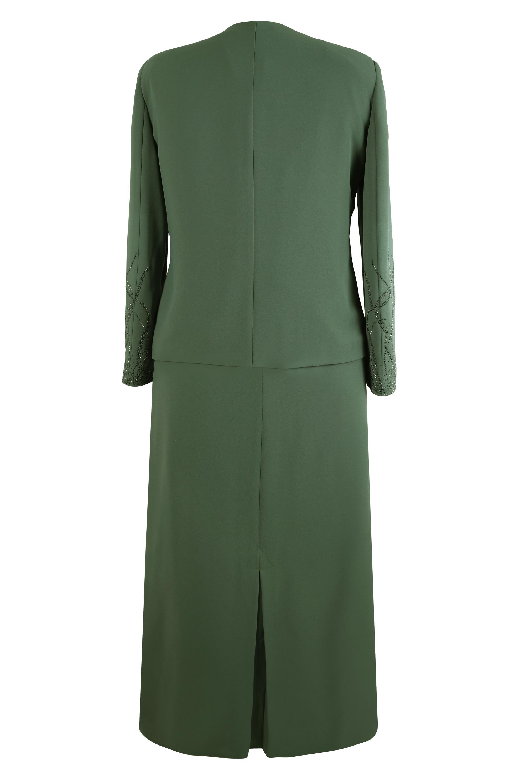 Tesettür giyim HAKİ ETEKLİ ÜÇLÜ KREP TAKIM 30348