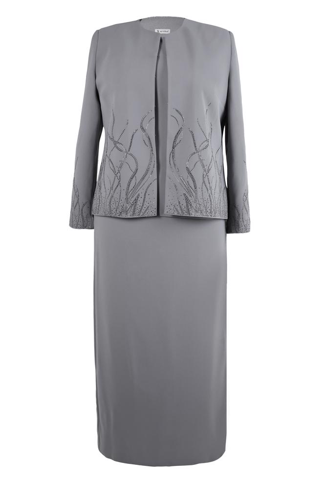 Tesettür giyim GRİ ETEKLİ ÜÇLÜ KREP TAKIM 30348 - ALVİNA