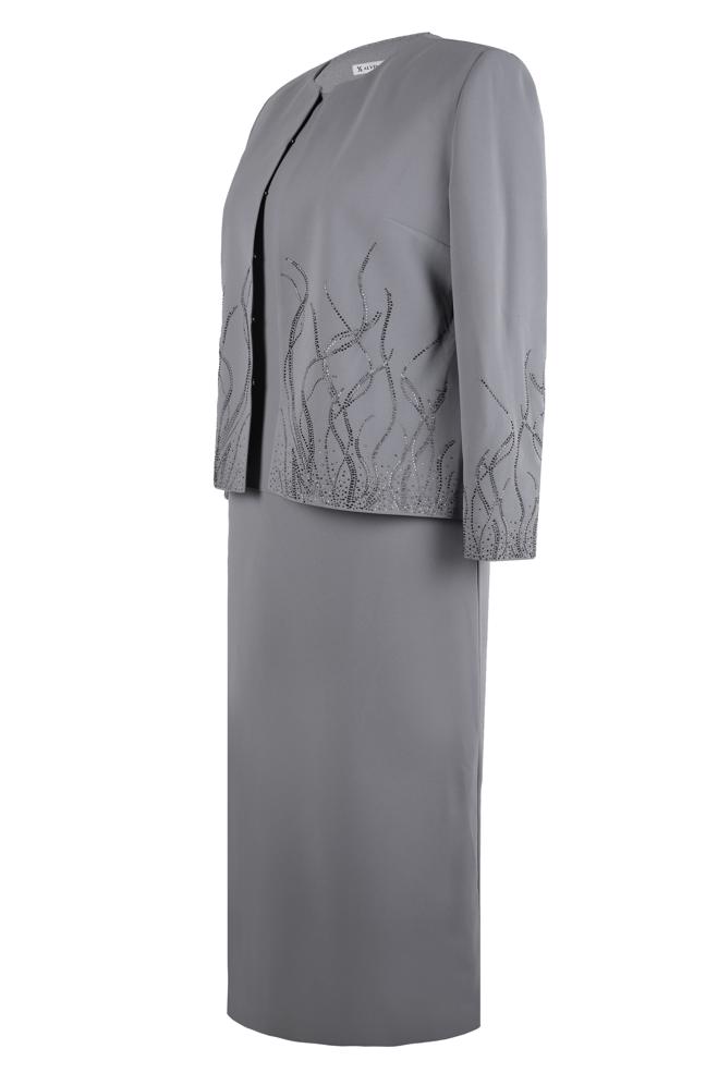 Tesettür giyim GRİ ETEKLİ ÜÇLÜ KREP TAKIM 30348 - ALVİNA