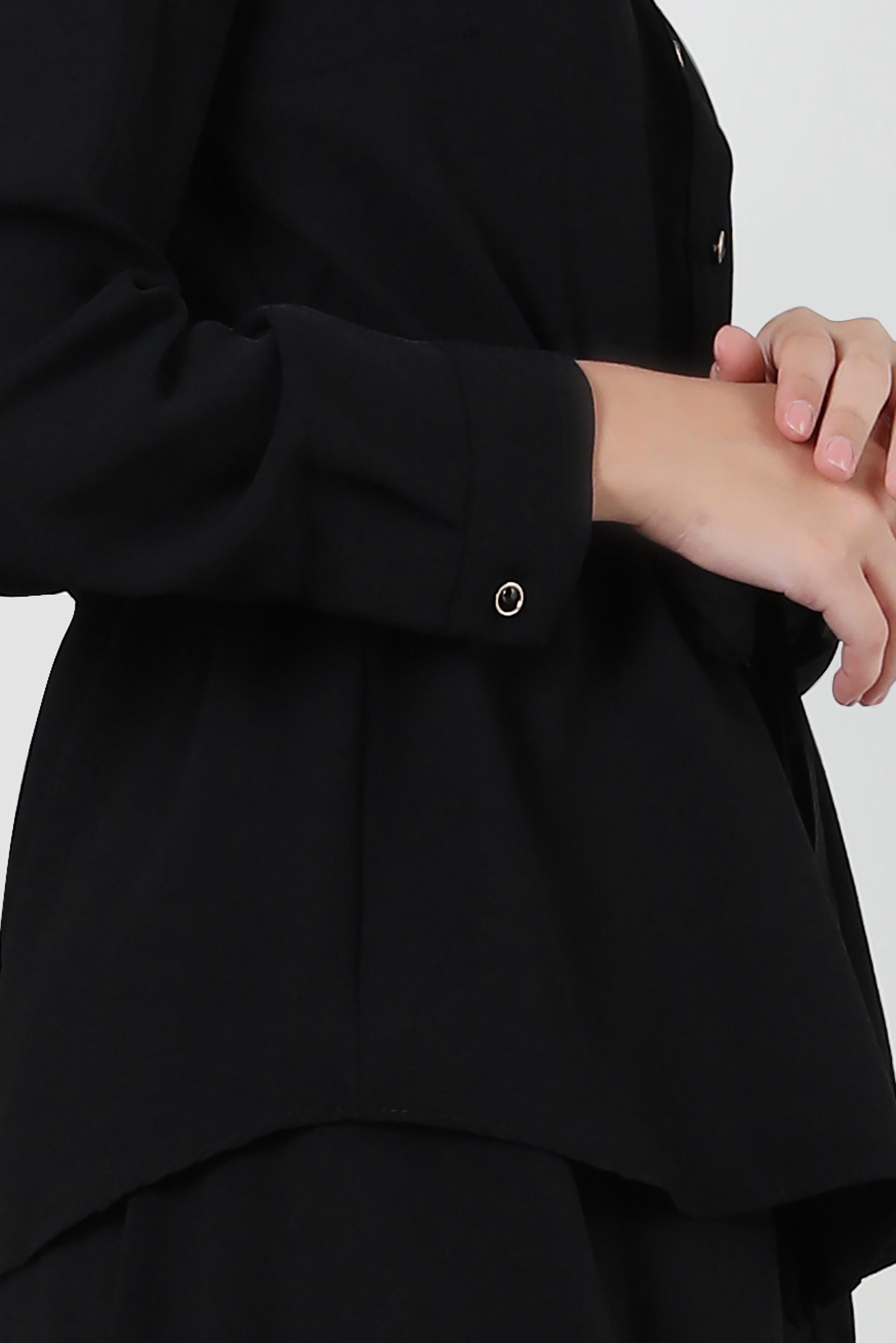 Tesettür giyim SİYAH GÖMLEK YAKA BELİ BÜZGÜLÜ İKİLİ ETEKLİ TAKIM 43893