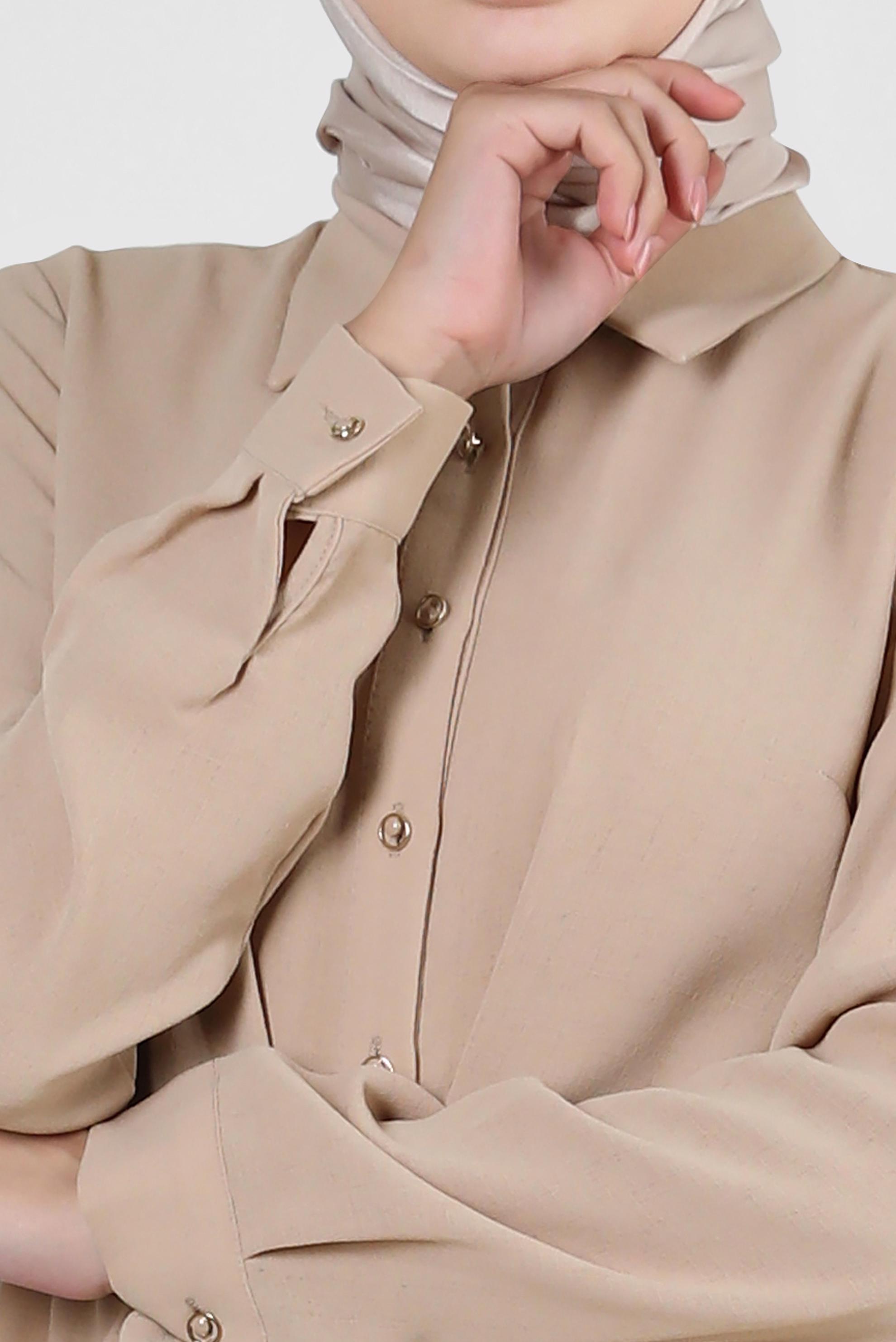 Tesettür giyim BEJ GÖMLEK YAKA BELİ BÜZGÜLÜ İKİLİ ETEKLİ TAKIM 43893