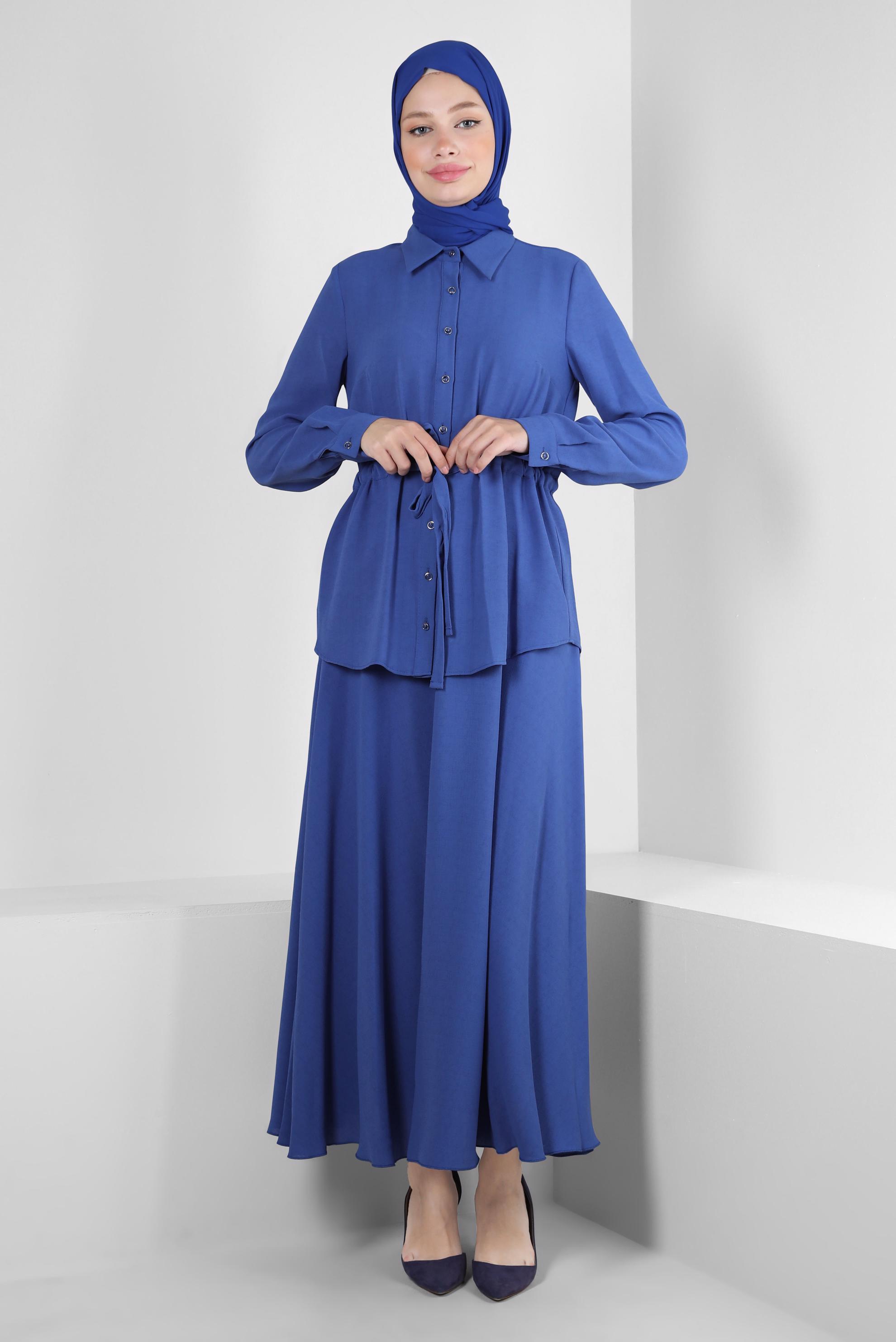 Tesettür giyim MAVİ GÖMLEK YAKA BELİ BÜZGÜLÜ İKİLİ ETEKLİ TAKIM 43893