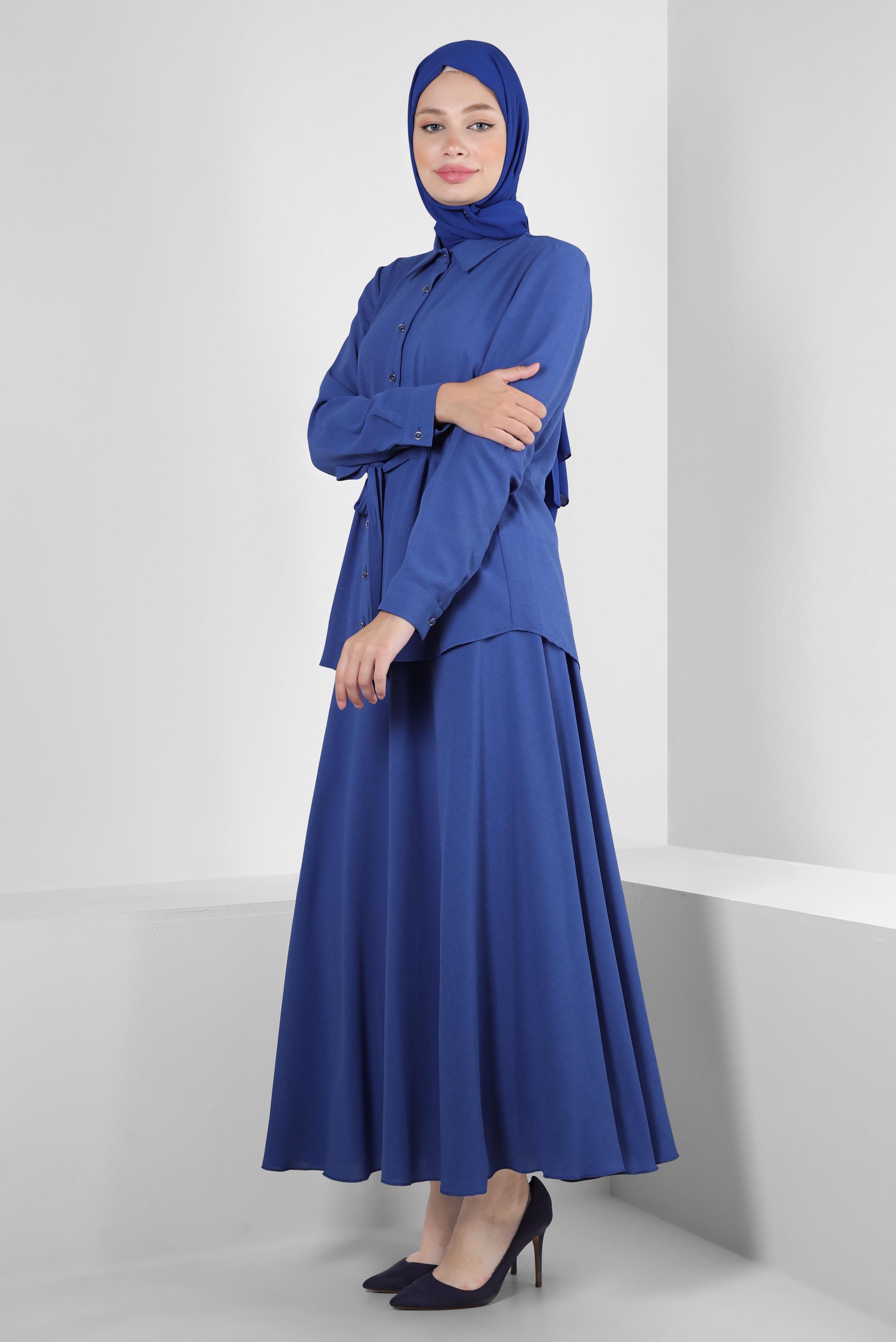 Tesettür giyim MAVİ GÖMLEK YAKA BELİ BÜZGÜLÜ İKİLİ ETEKLİ TAKIM 43893
