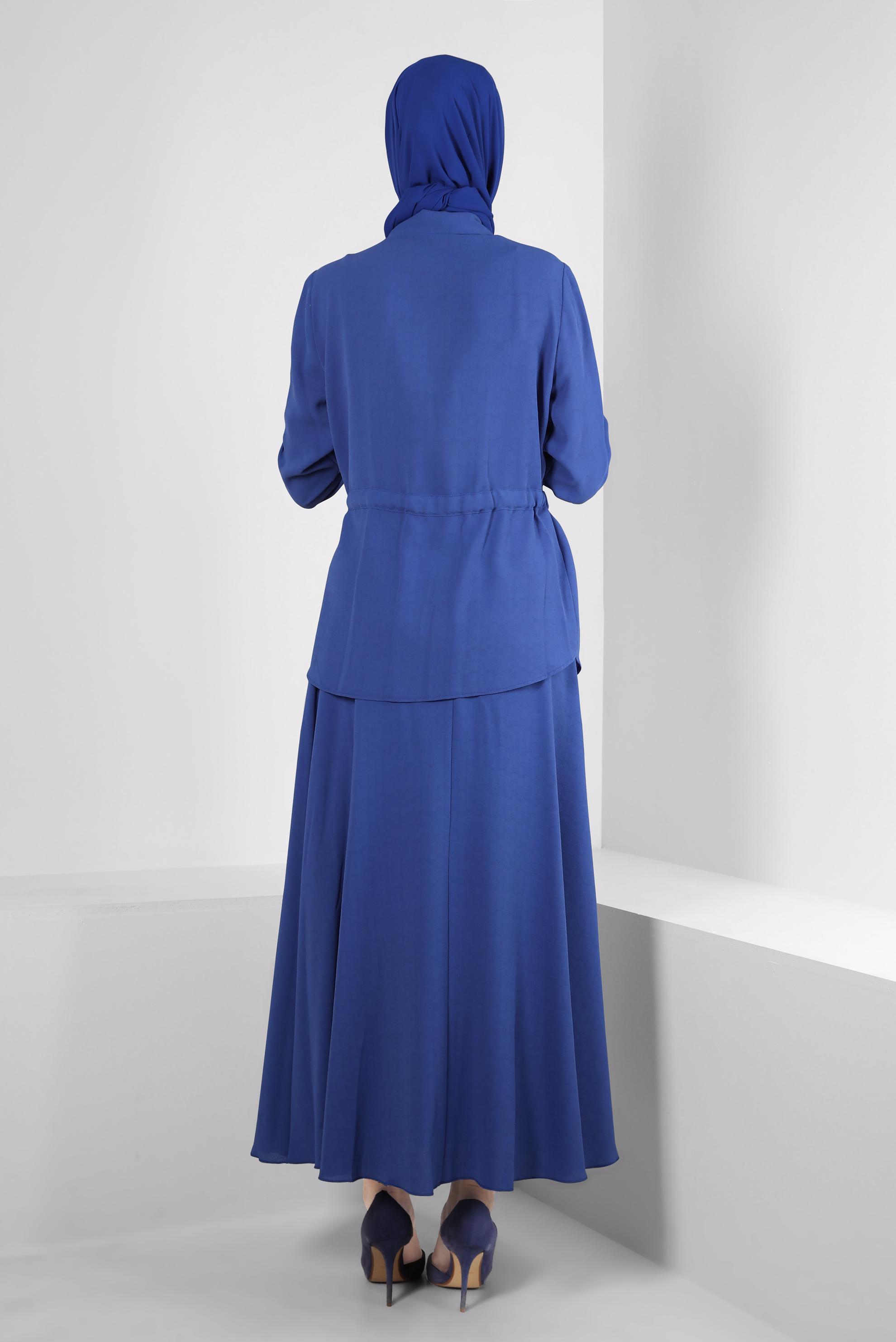 Tesettür giyim MAVİ GÖMLEK YAKA BELİ BÜZGÜLÜ İKİLİ ETEKLİ TAKIM 43893