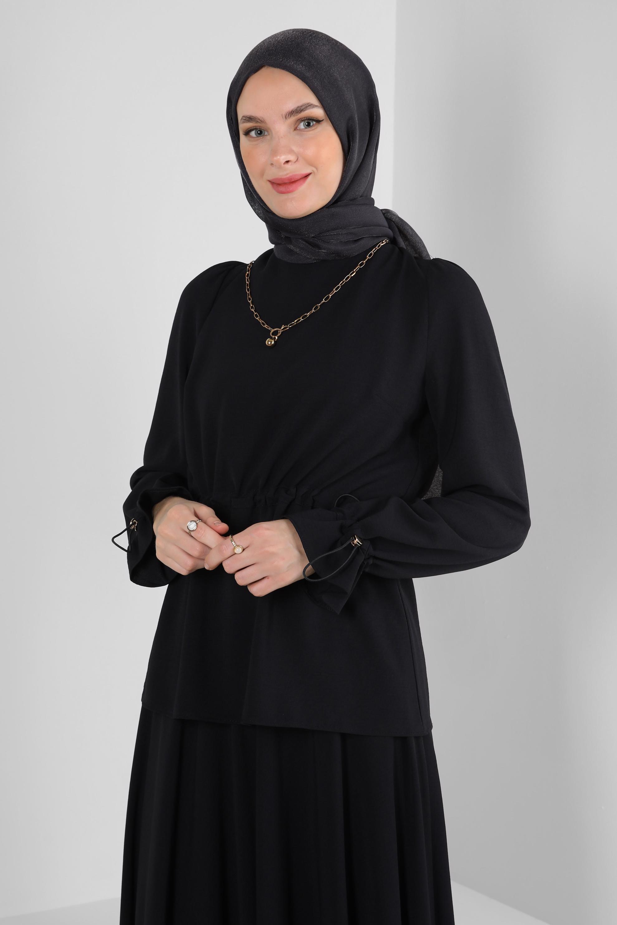 Tesettür giyim SİYAH BELİ BÜZGÜLÜ İKİLİ ETEKLİ TAKIM 43894