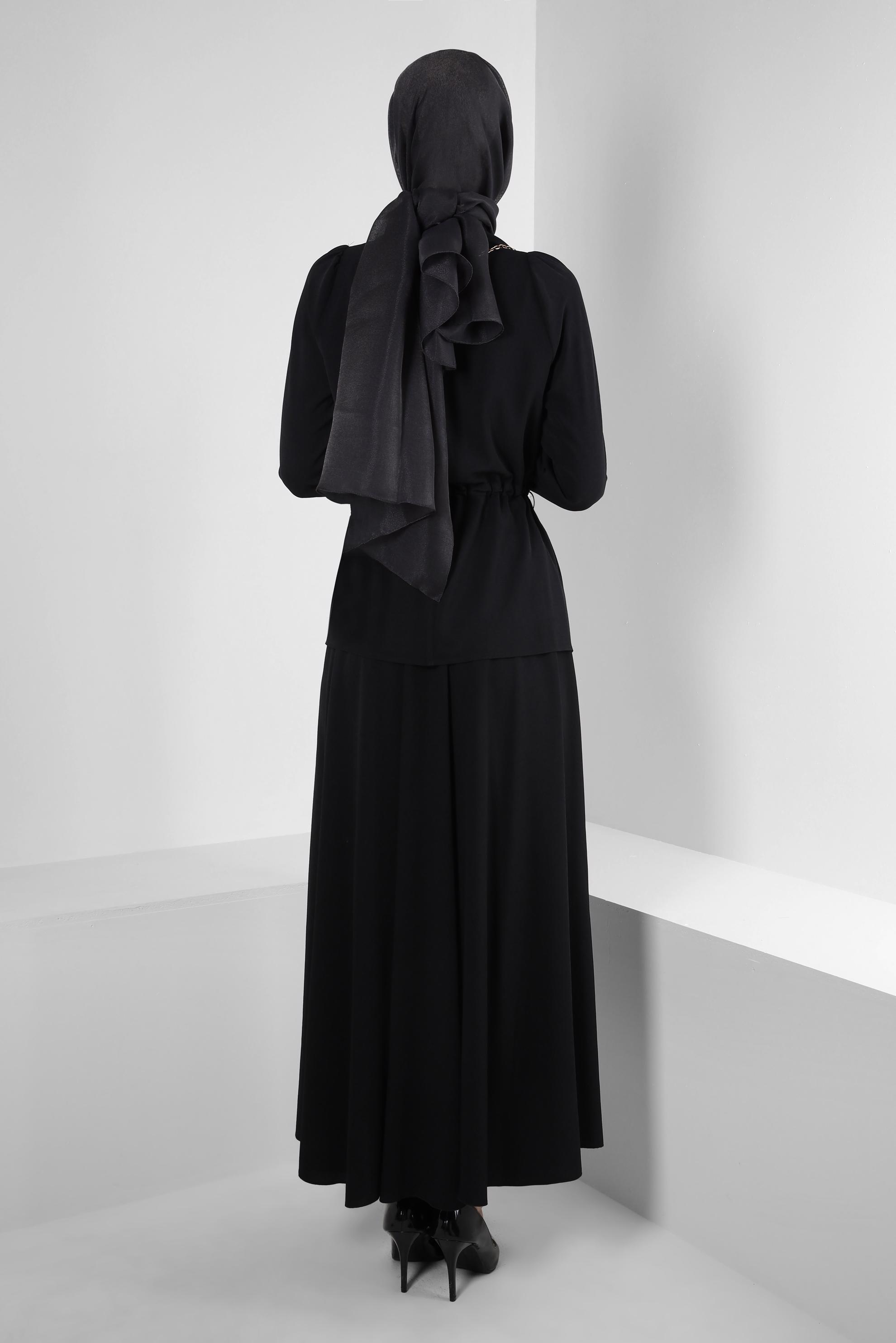 Tesettür giyim SİYAH BELİ BÜZGÜLÜ İKİLİ ETEKLİ TAKIM 43894