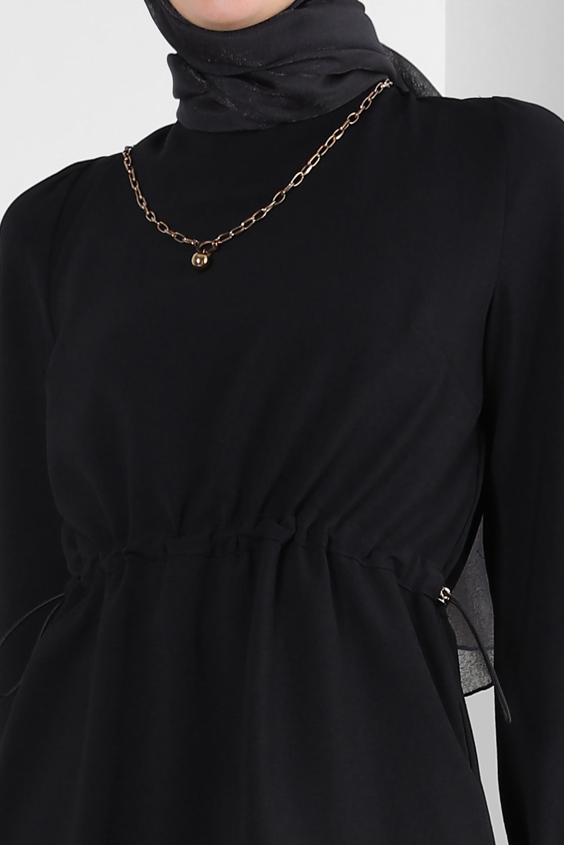 Tesettür giyim SİYAH BELİ BÜZGÜLÜ İKİLİ ETEKLİ TAKIM 43894