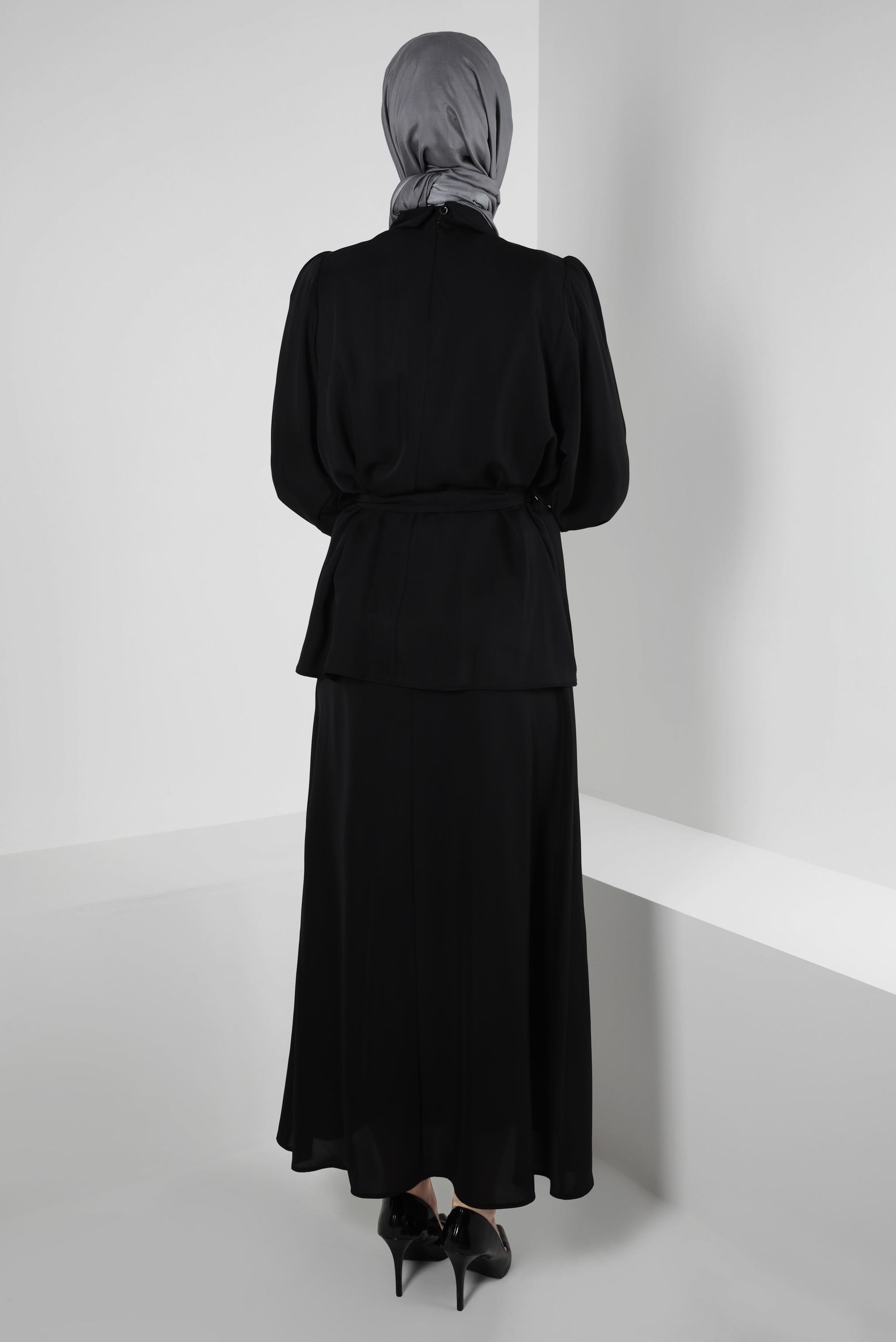 Tesettür giyim SİYAH FİYONK DETAYLI BALON KOL ETEKLİ TAKIM 43911