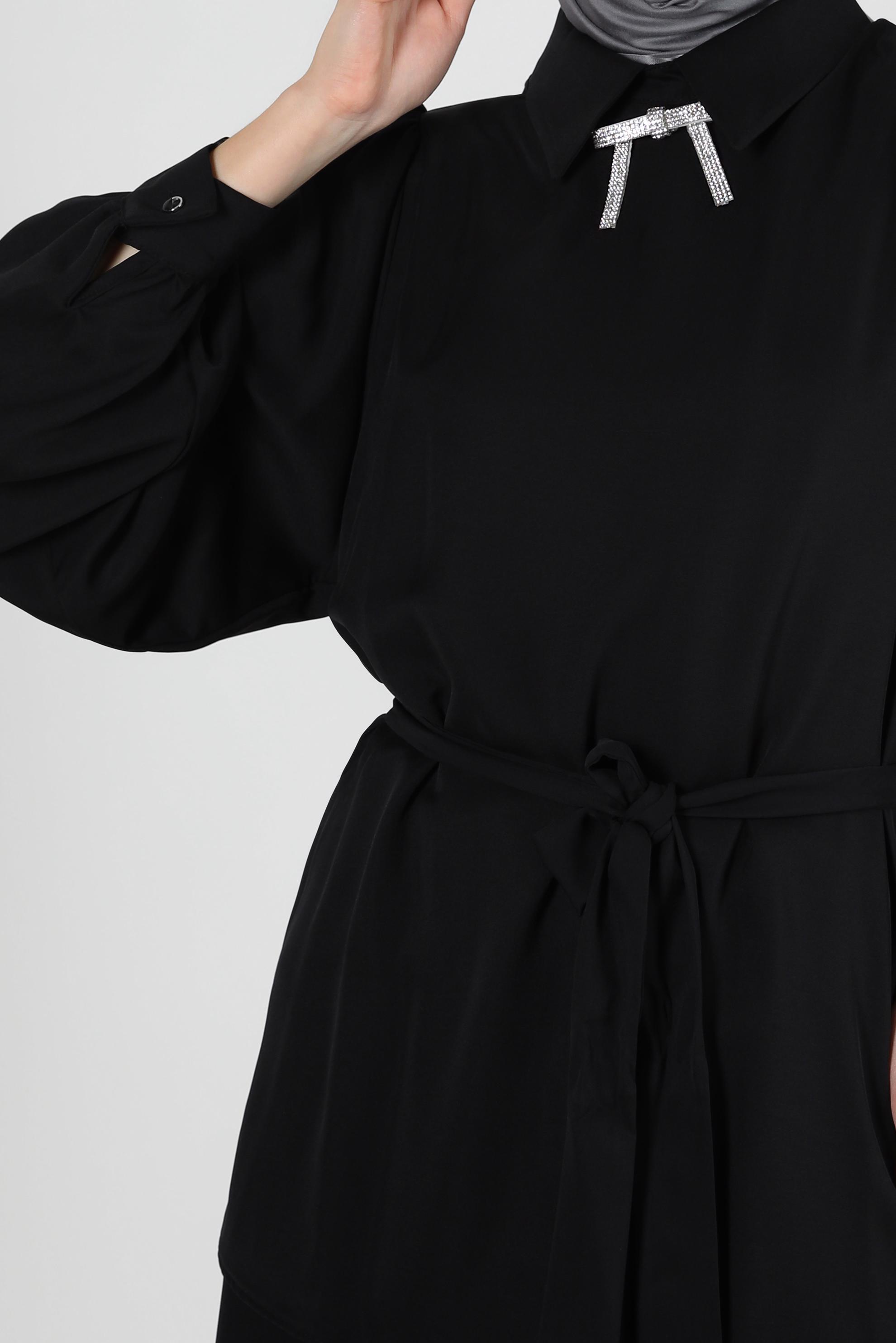 Tesettür giyim SİYAH FİYONK DETAYLI BALON KOL ETEKLİ TAKIM 43911