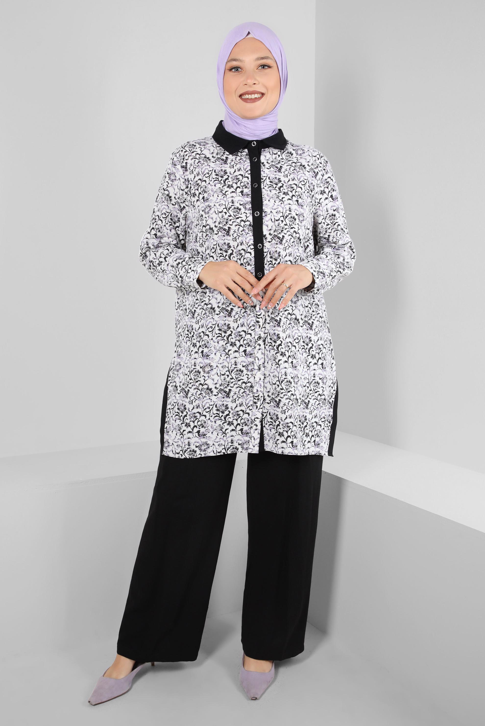Tesettür giyim SİYAH DESENLİ DÜĞMELİ İKİLİ PANTOLONLU TAKIM 20379