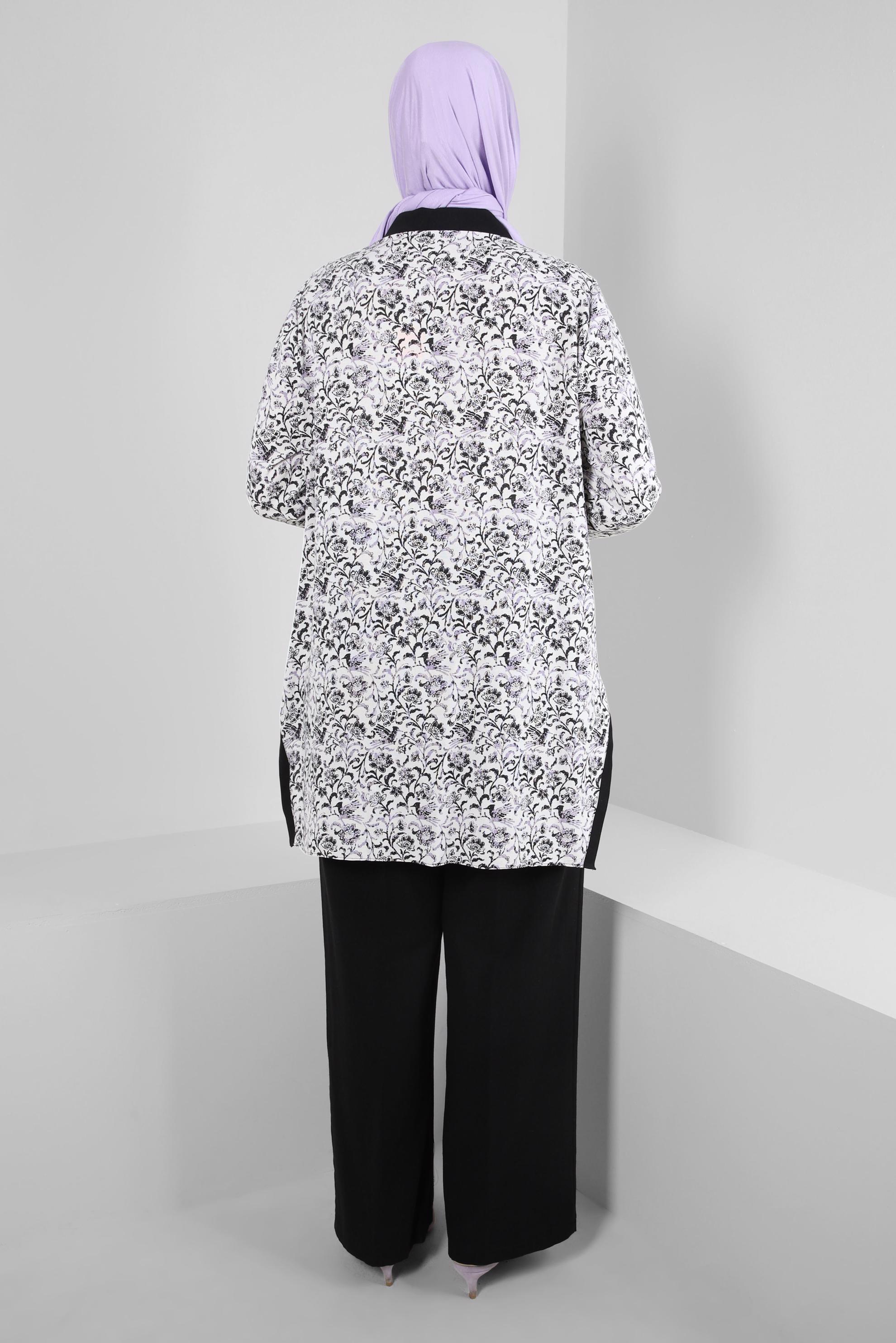 Tesettür giyim SİYAH DESENLİ DÜĞMELİ İKİLİ PANTOLONLU TAKIM 20379