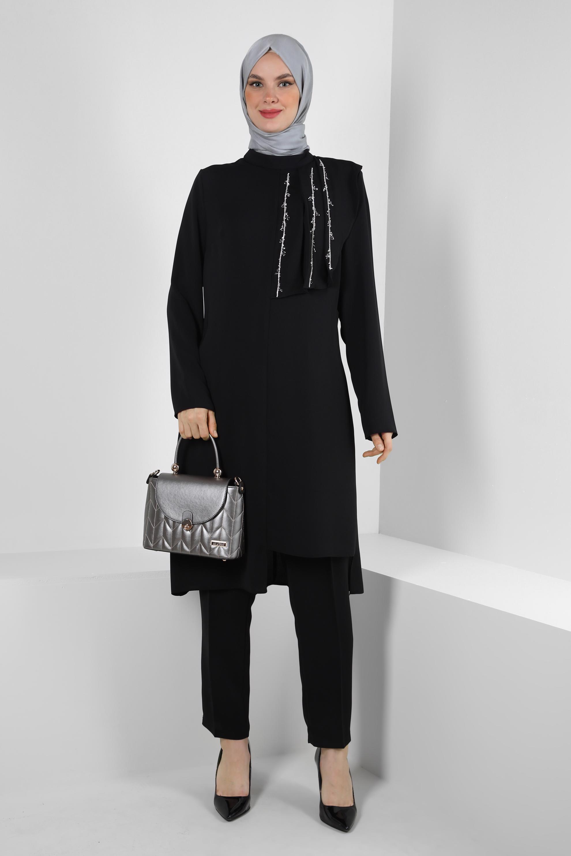 Tesettür giyim SİYAH TAŞLI ASİMETRİK KESİM PANTOLONLU TAKIM 30315