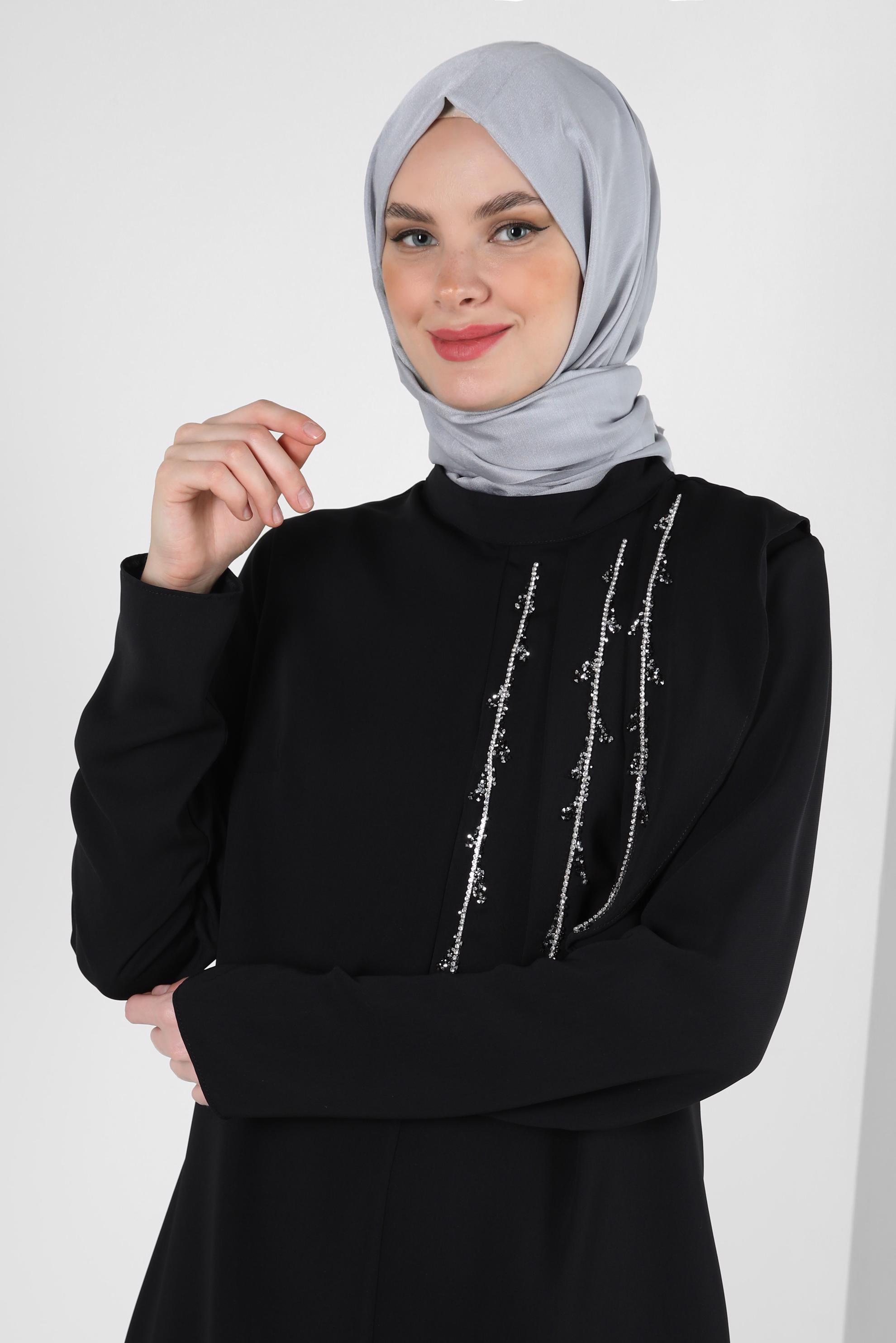 Tesettür giyim SİYAH TAŞLI ASİMETRİK KESİM PANTOLONLU TAKIM 30315