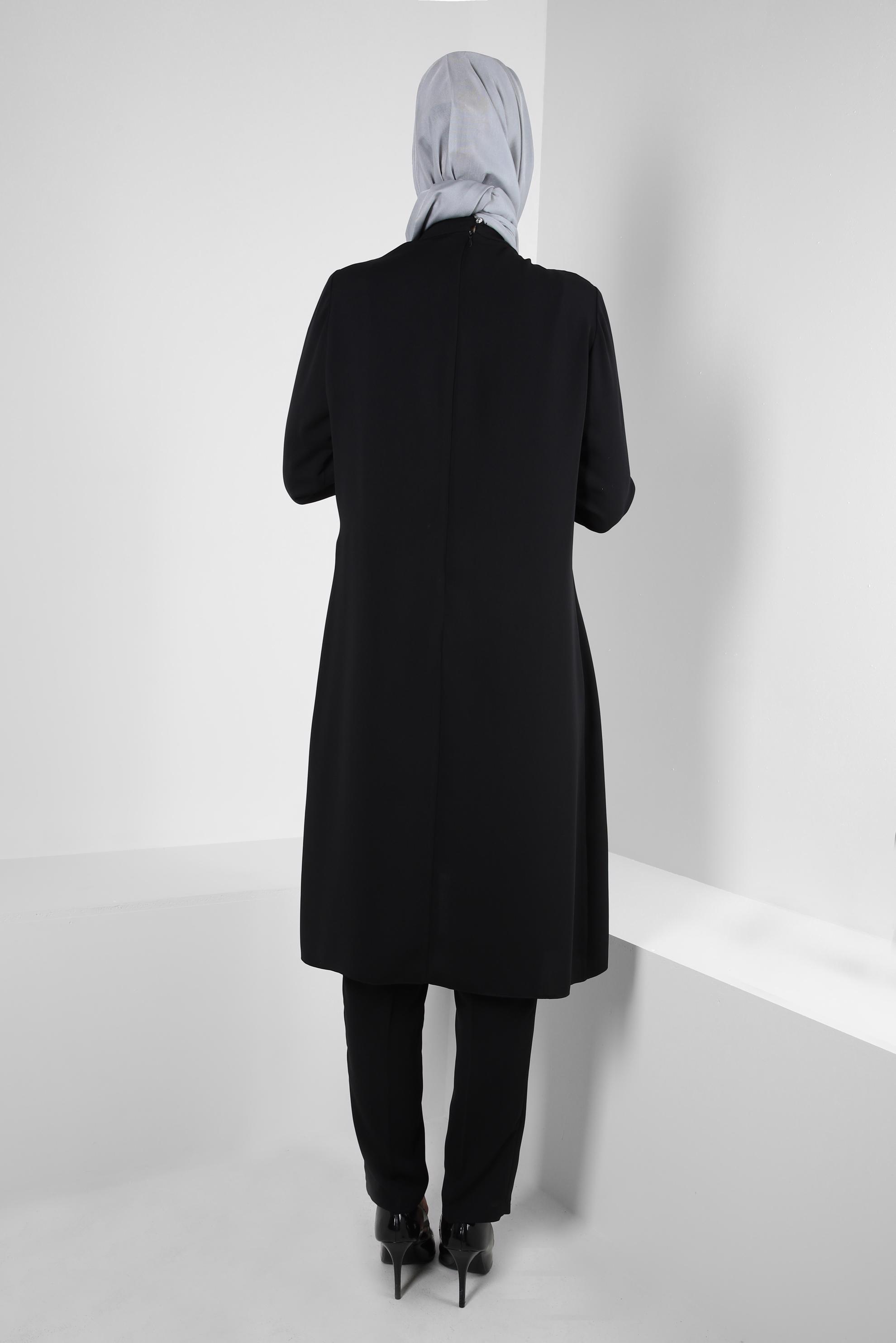 Tesettür giyim SİYAH TAŞLI ASİMETRİK KESİM PANTOLONLU TAKIM 30315