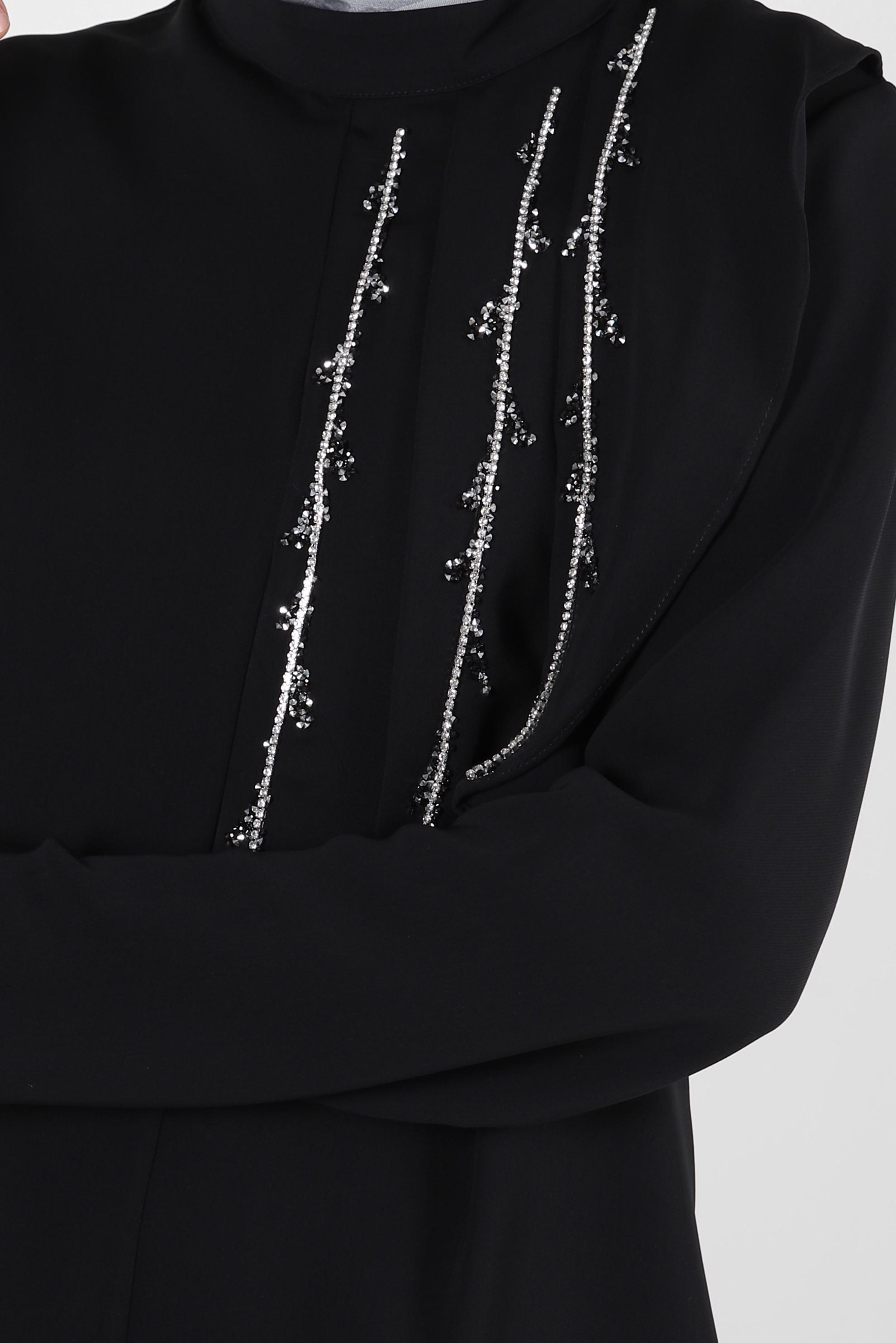 Tesettür giyim SİYAH TAŞLI ASİMETRİK KESİM PANTOLONLU TAKIM 30315