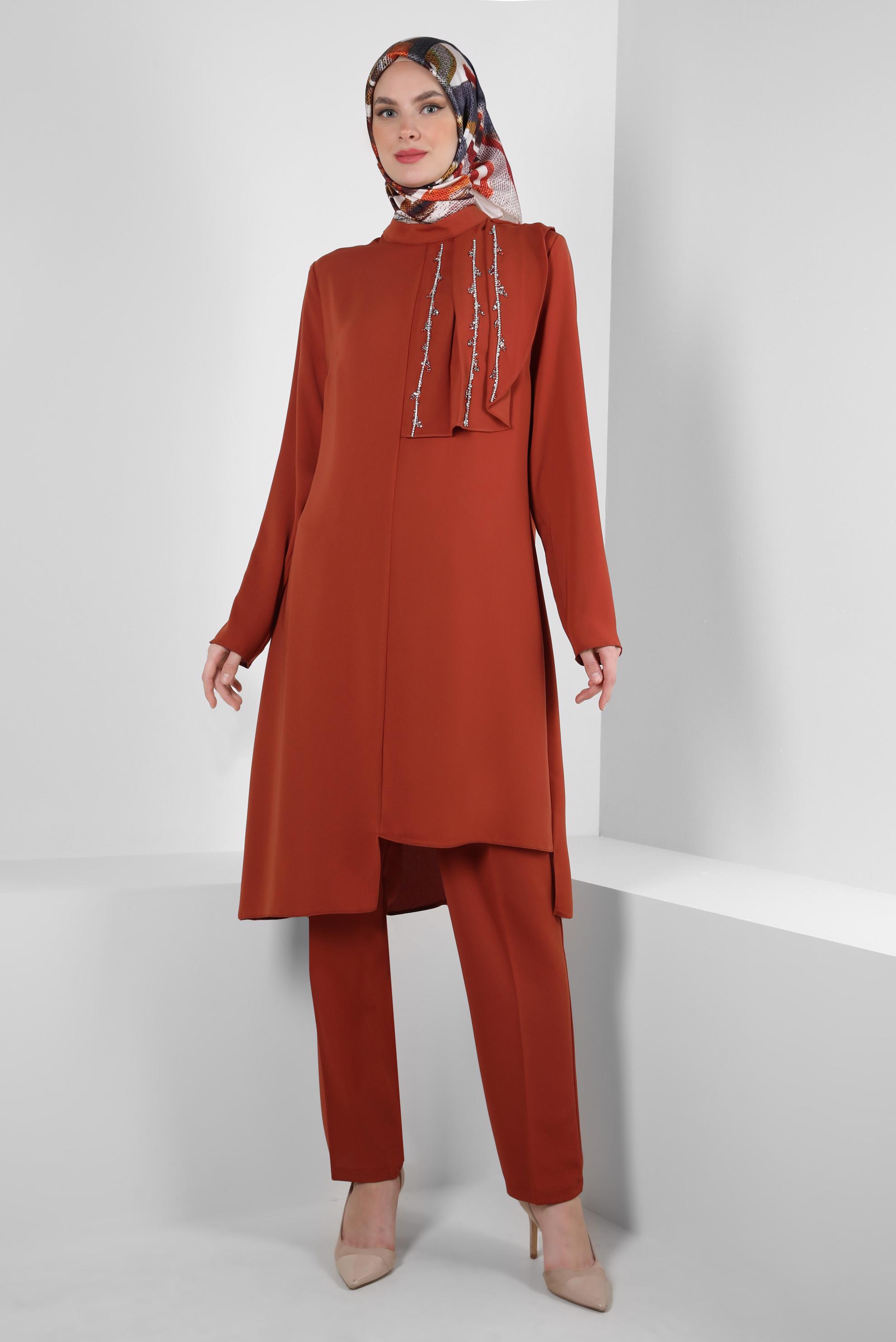 Tesettür giyim TURUNCU TAŞLI ASİMETRİK KESİM PANTOLONLU TAKIM 30315