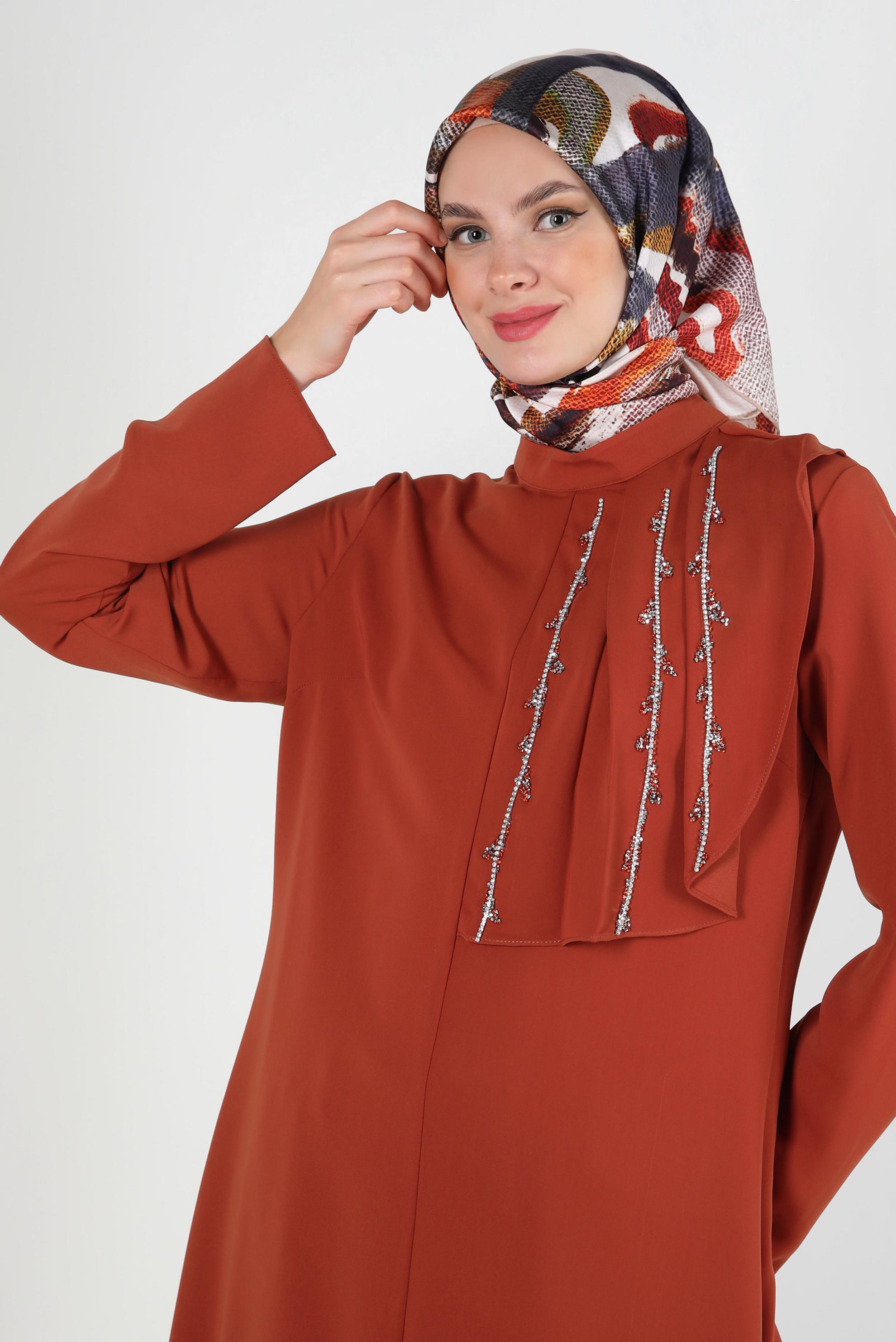 Tesettür giyim TURUNCU TAŞLI ASİMETRİK KESİM PANTOLONLU TAKIM 30315