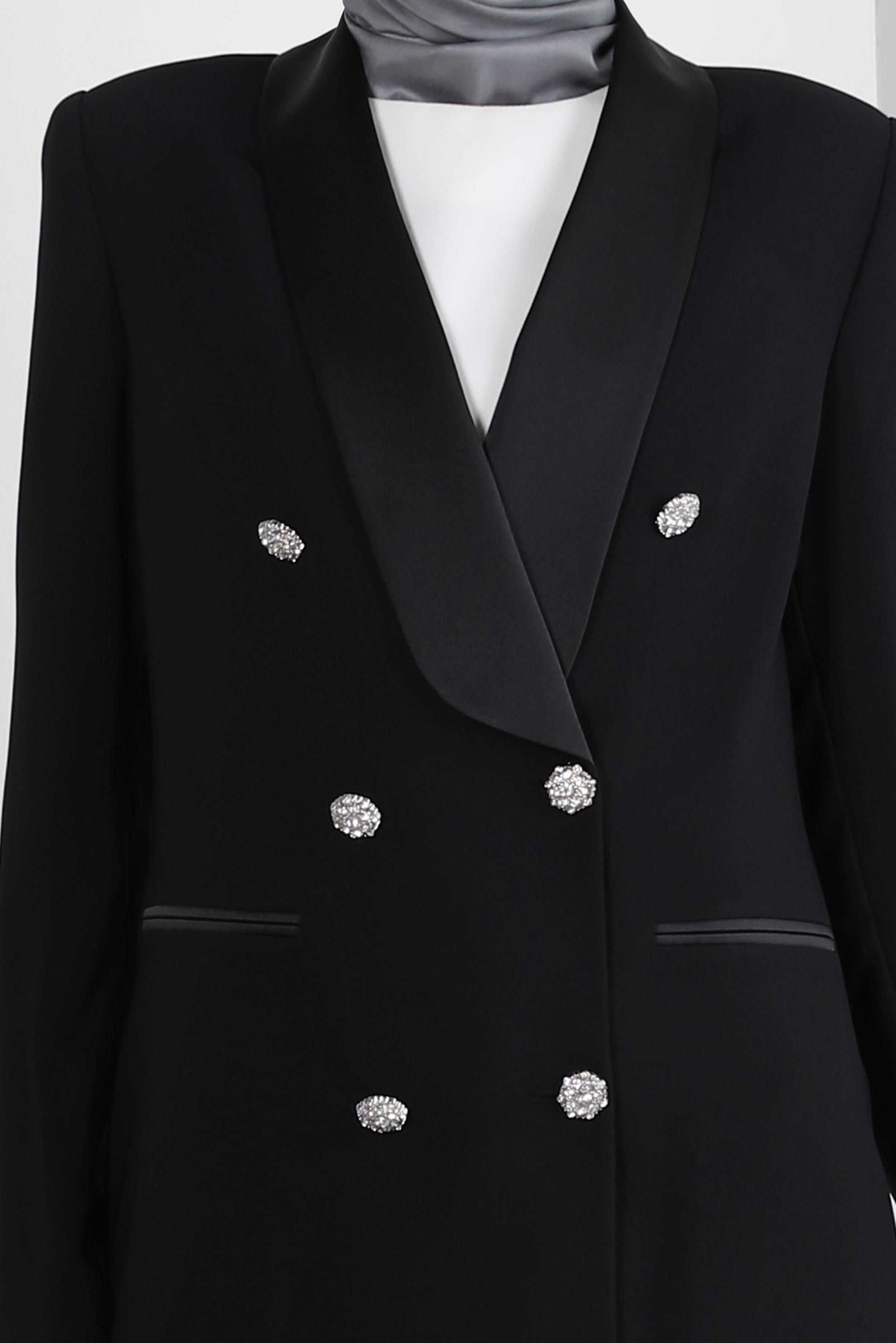 Tesettür giyim SİYAH TAŞ DÜĞMELİ KRUVAZE YAKA PANTOLONLU TAKIM 30316