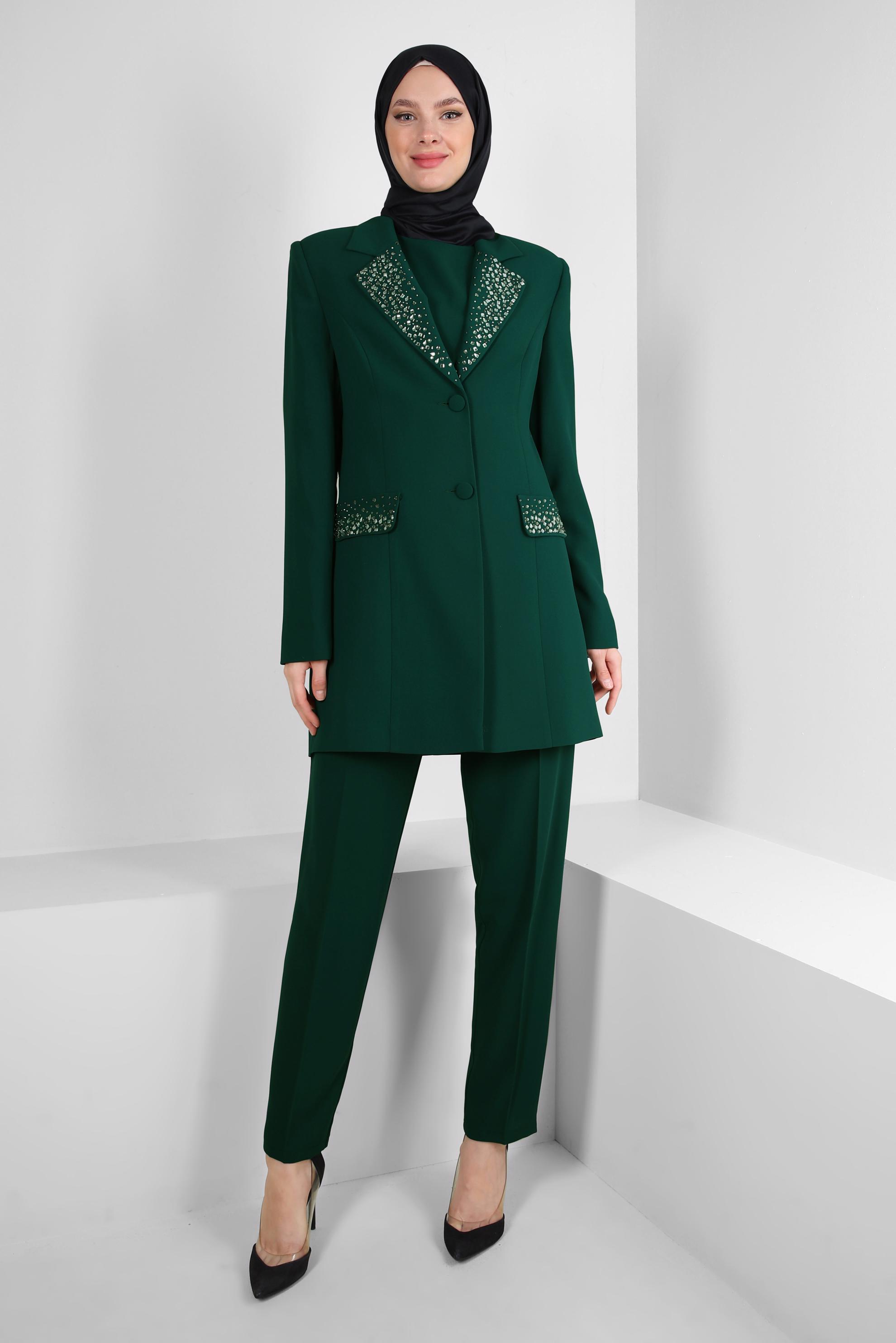 Tesettür giyim YEŞİL TAŞ BASKILI ÜÇLÜ KLASİK KREP TAKIM 30317