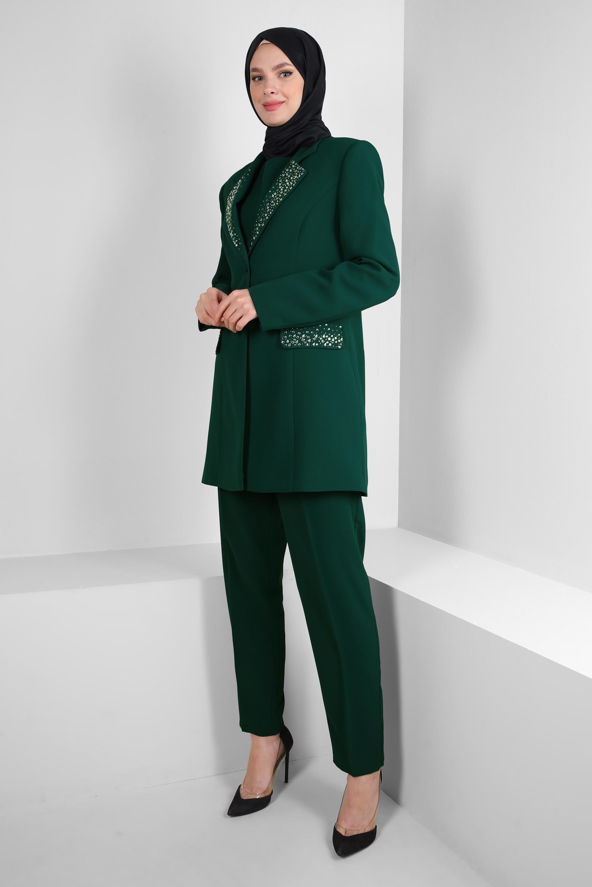 Tesettür giyim YEŞİL TAŞ BASKILI ÜÇLÜ KLASİK KREP TAKIM 30317
