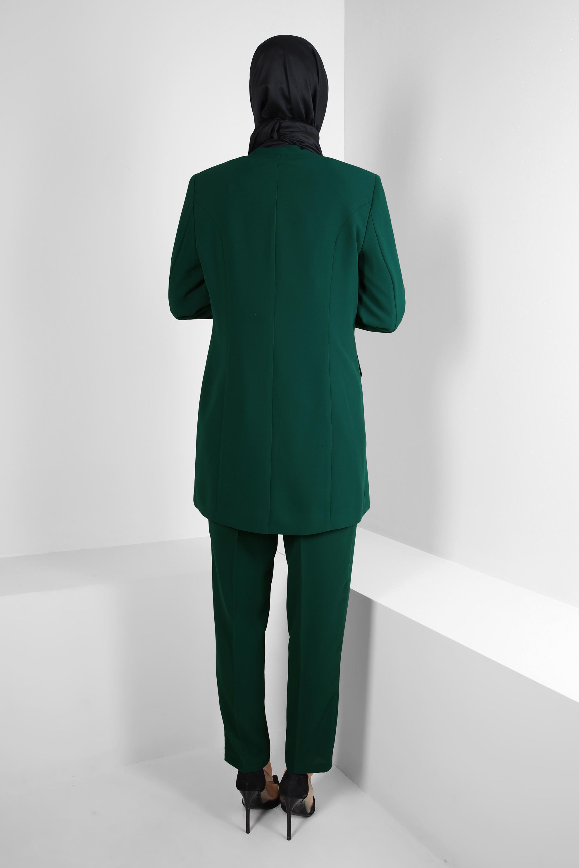 Tesettür giyim YEŞİL TAŞ BASKILI ÜÇLÜ KLASİK KREP TAKIM 30317