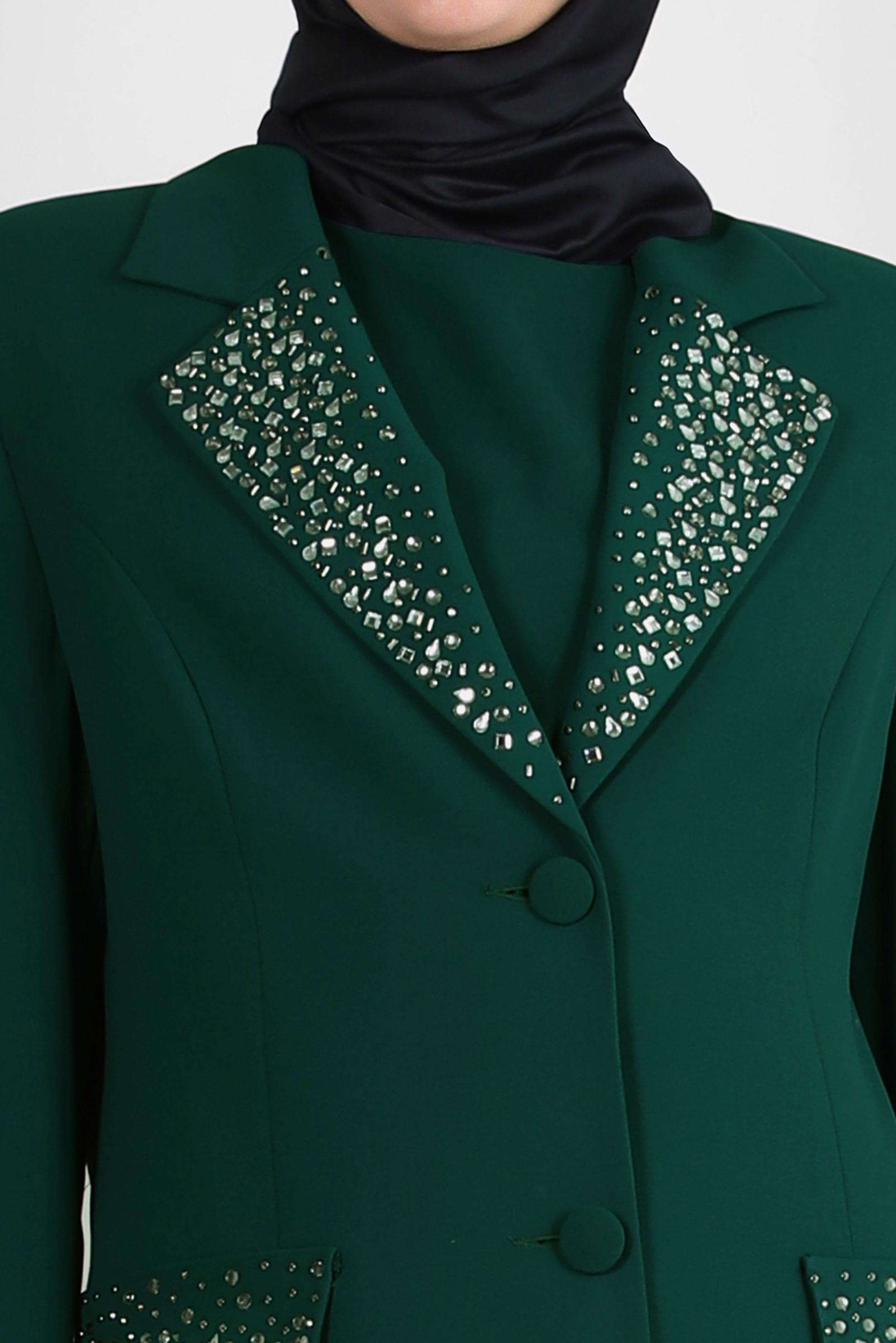 Tesettür giyim YEŞİL TAŞ BASKILI ÜÇLÜ KLASİK KREP TAKIM 30317