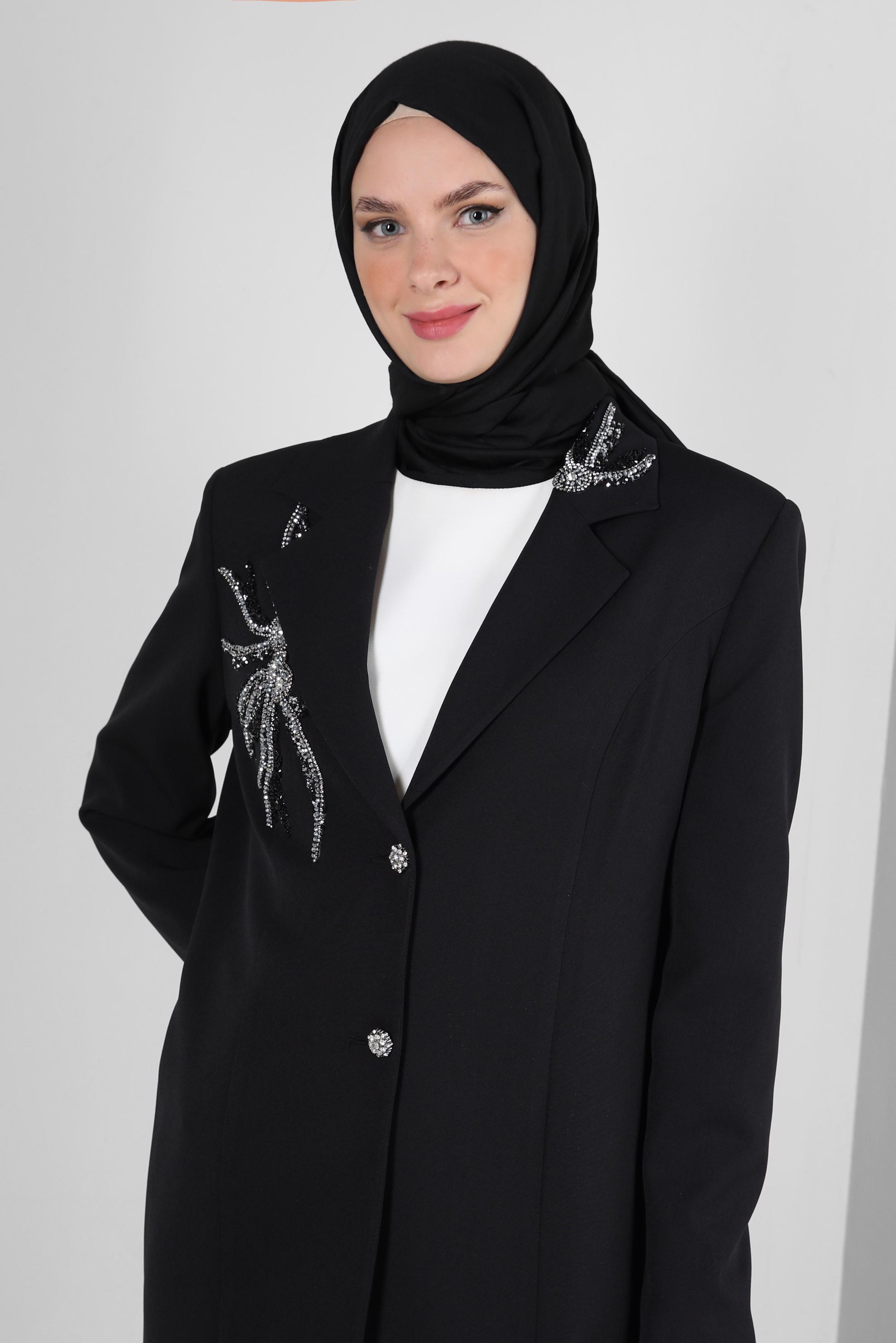 Tesettür giyim SİYAH TAŞ BASKILI İKİLİ PANTOLONLU TAKIM 30318