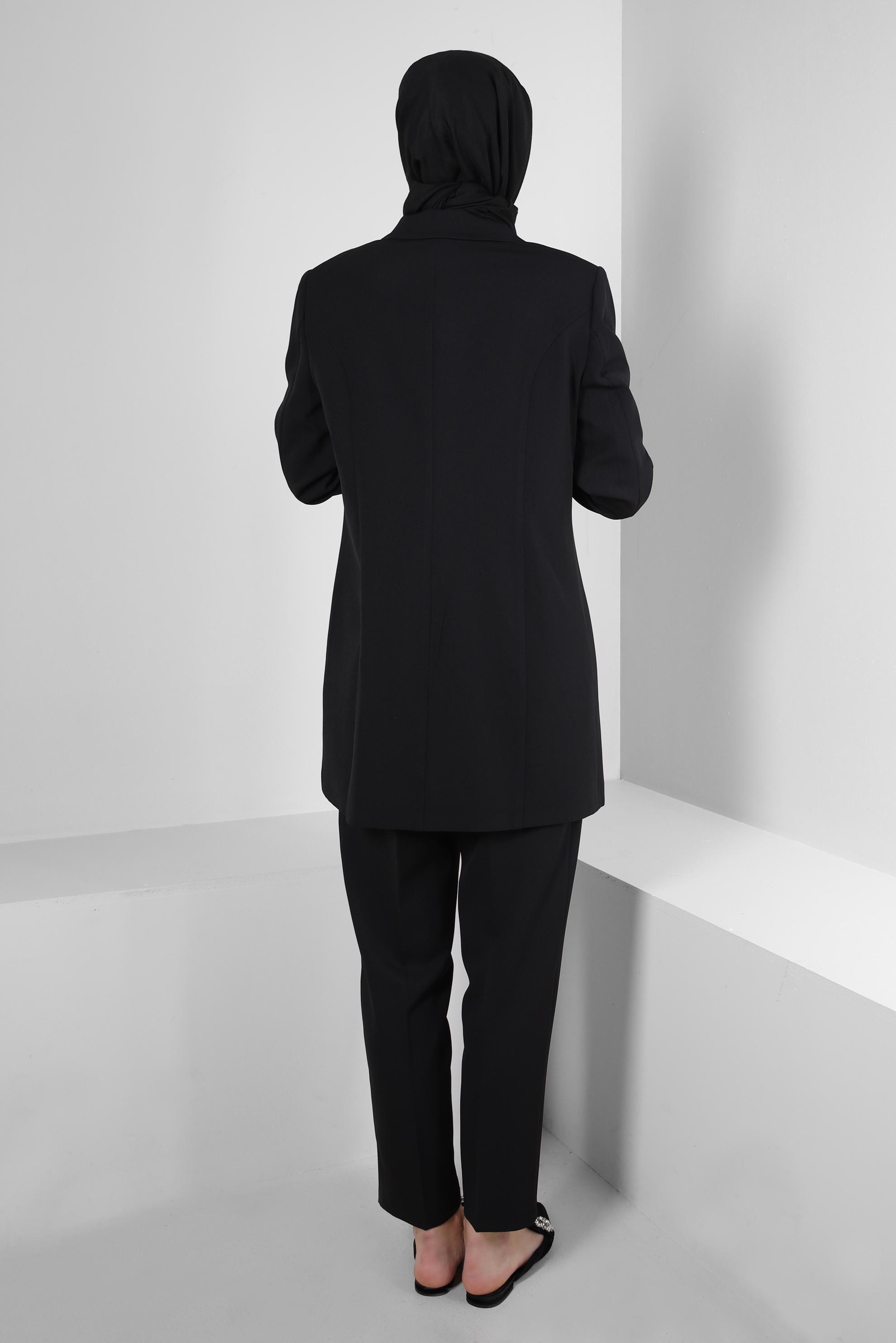 Tesettür giyim SİYAH TAŞ BASKILI İKİLİ PANTOLONLU TAKIM 30318