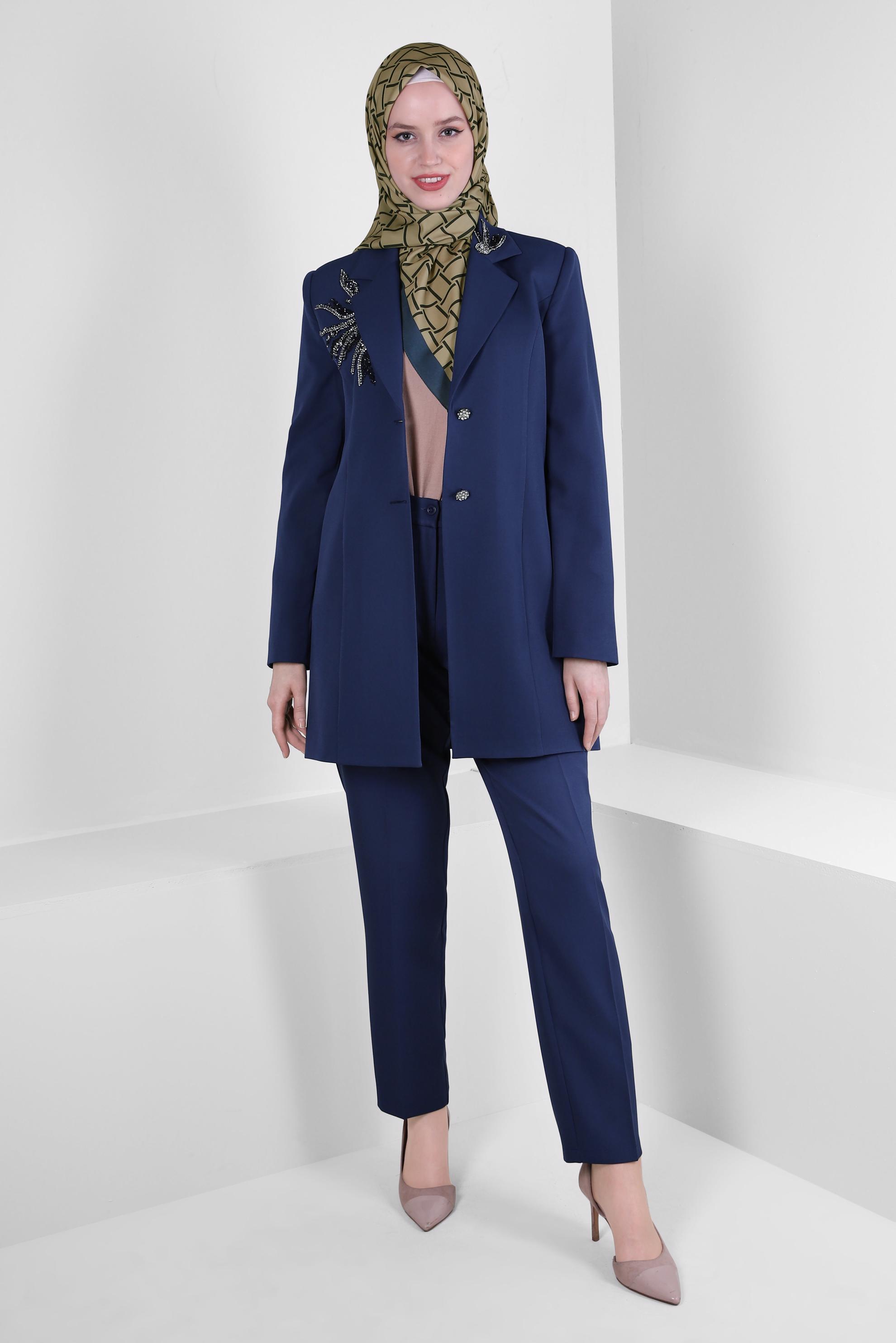 Tesettür giyim LACİVERT TAŞ BASKILI İKİLİ PANTOLONLU TAKIM 30318