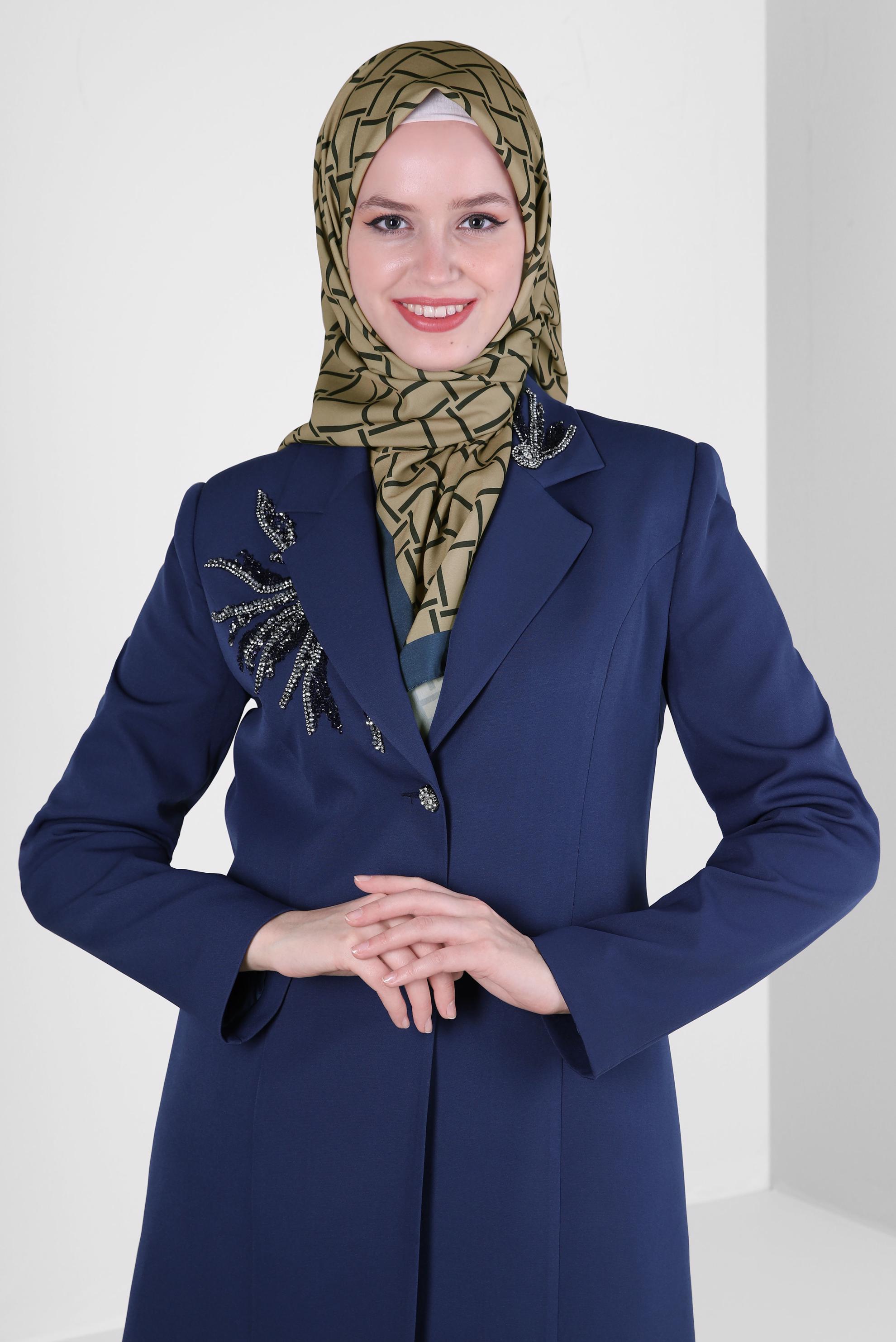 Tesettür giyim LACİVERT TAŞ BASKILI İKİLİ PANTOLONLU TAKIM 30318